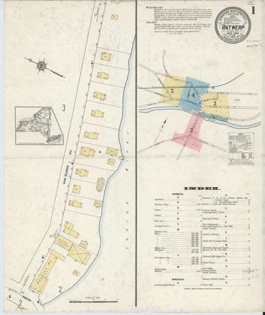 Sanborn Fire Insurance Map from Antwerp, Jefferson County, New York (1912), Sheet #0001 - Historic Sanborn Fire Insurance Map Print, vintage old map wall art, antique decor, genealogy gift, New York New York map