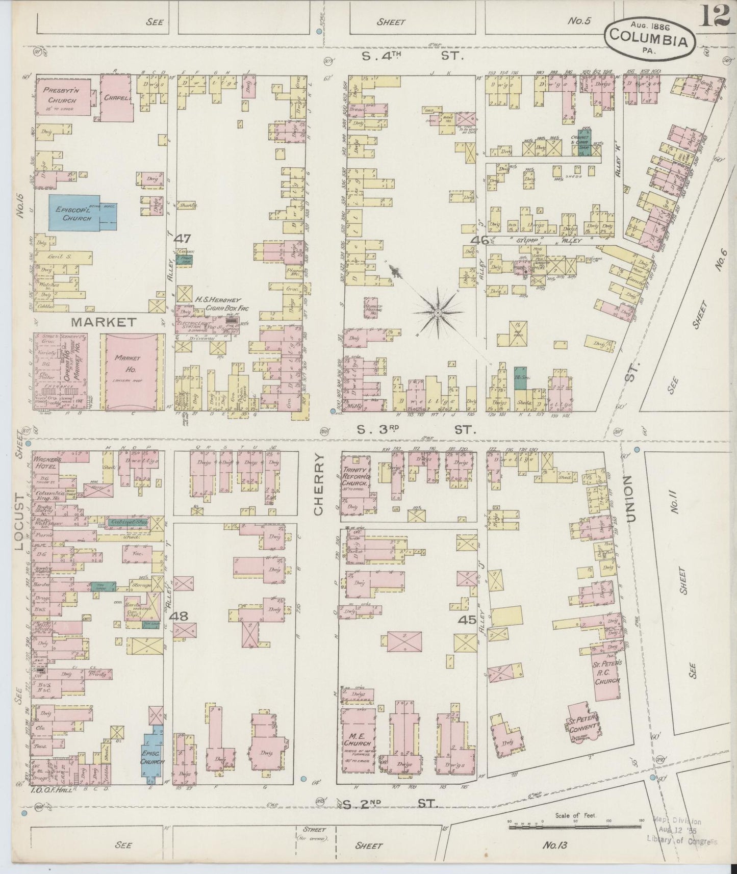Sanborn Fire Insurance Map from Columbia, Lancaster County, Pennsylvania (1886), Sheet #0012 - Historic Sanborn Fire Insurance Map Print, vintage old map wall art, antique decor, genealogy gift, Pennsylvania Pennsylvania map