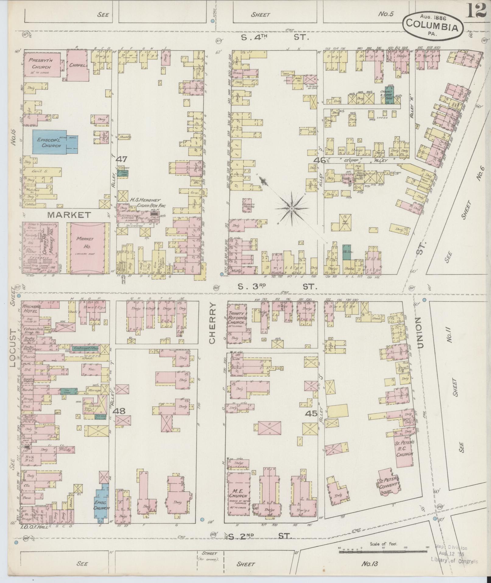 Sanborn Fire Insurance Map from Columbia, Lancaster County, Pennsylvania (1886), Sheet #0012 - Historic Sanborn Fire Insurance Map Print, vintage old map wall art, antique decor, genealogy gift, Pennsylvania Pennsylvania map