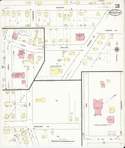 Sanborn Fire Insurance Map from Muscatine, Muscatine County, Iowa (1912), Sheet #0021 - Historic Sanborn Fire Insurance Map Print, vintage old map wall art