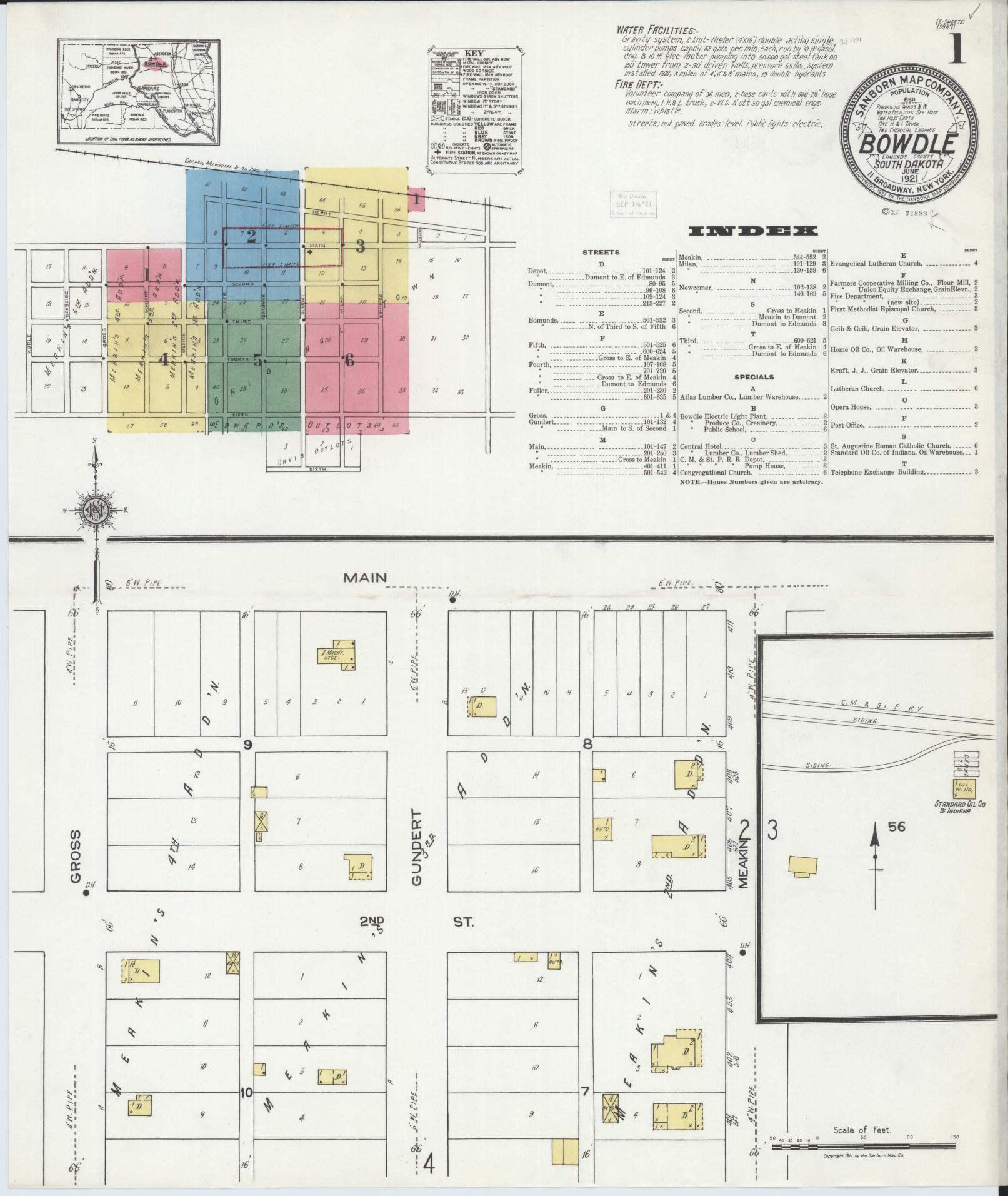 Sanborn Fire Insurance Map from Bowdle, Edmunds County, South Dakota (1921), Sheet #0001 - Complete Map Set gallery image, historic Sanborn map, vintage wall art, South Dakota South Dakota