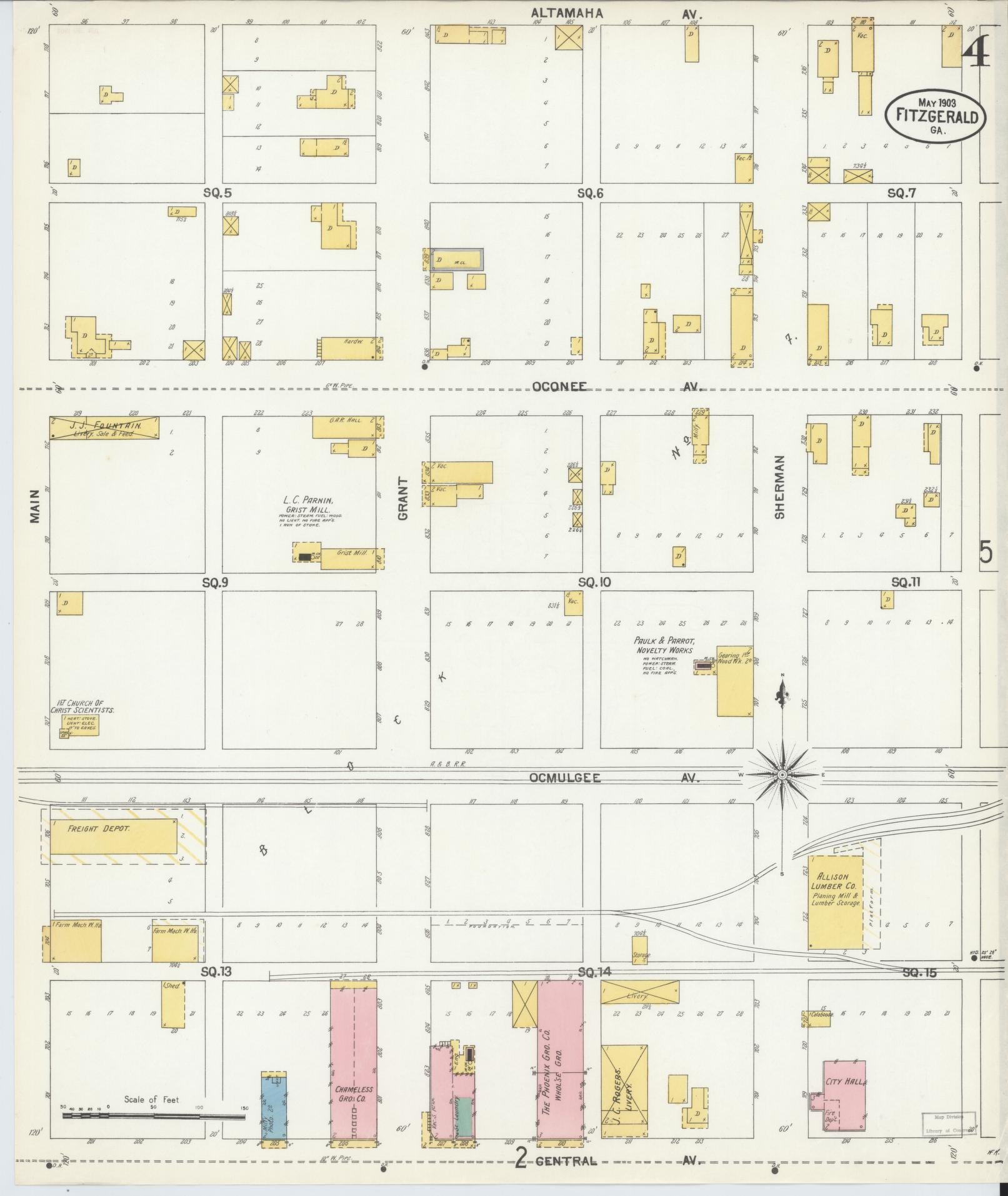 Sanborn Fire Insurance Map from Fitzgerald, Ben Hill County, Georgia (1903), Sheet #0004 - Complete Map Set gallery image, historic Sanborn map, vintage wall art, Georgia Georgia