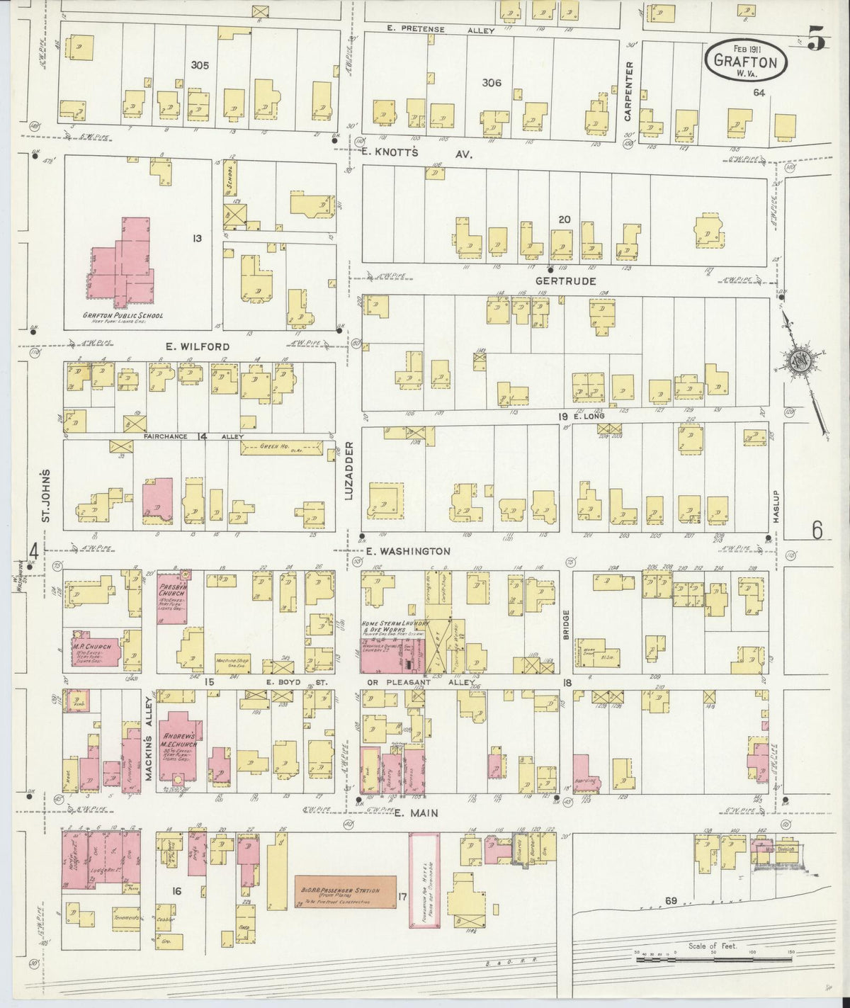 Sanborn Fire Insurance Map from Grafton, Taylor County, West Virginia (1911), Sheet #0005 - Historic Sanborn Fire Insurance Map Print, vintage old map wall art, antique decor, genealogy gift, West Virginia West Virginia map