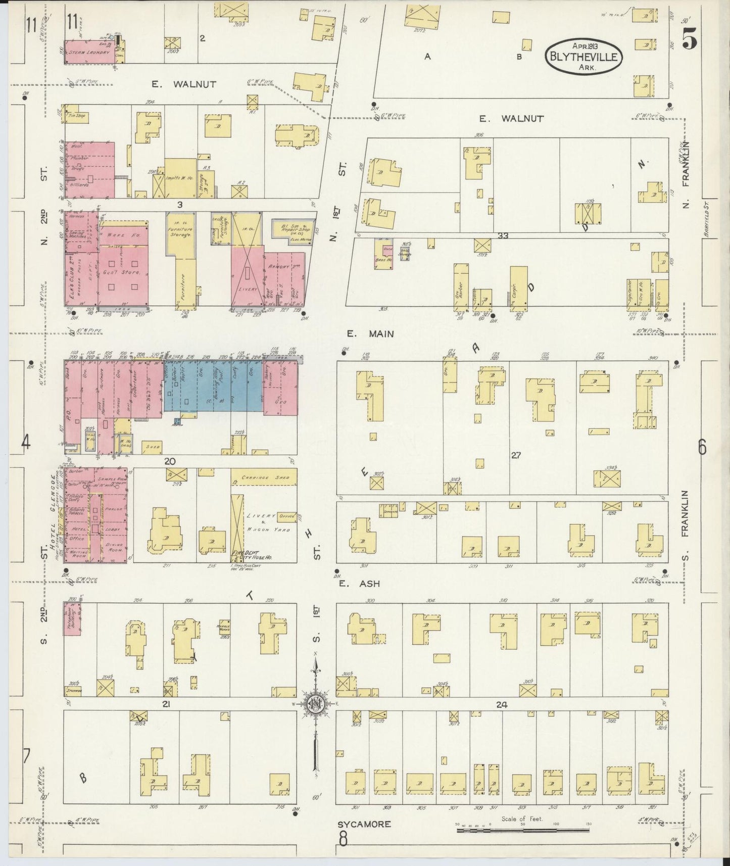 Sanborn Fire Insurance Map from Blytheville, Mississippi County, Arkansas (1913), Sheet #0005 - Historic Sanborn Fire Insurance Map Print, vintage old map wall art, antique decor, genealogy gift, Arkansas Arkansas map