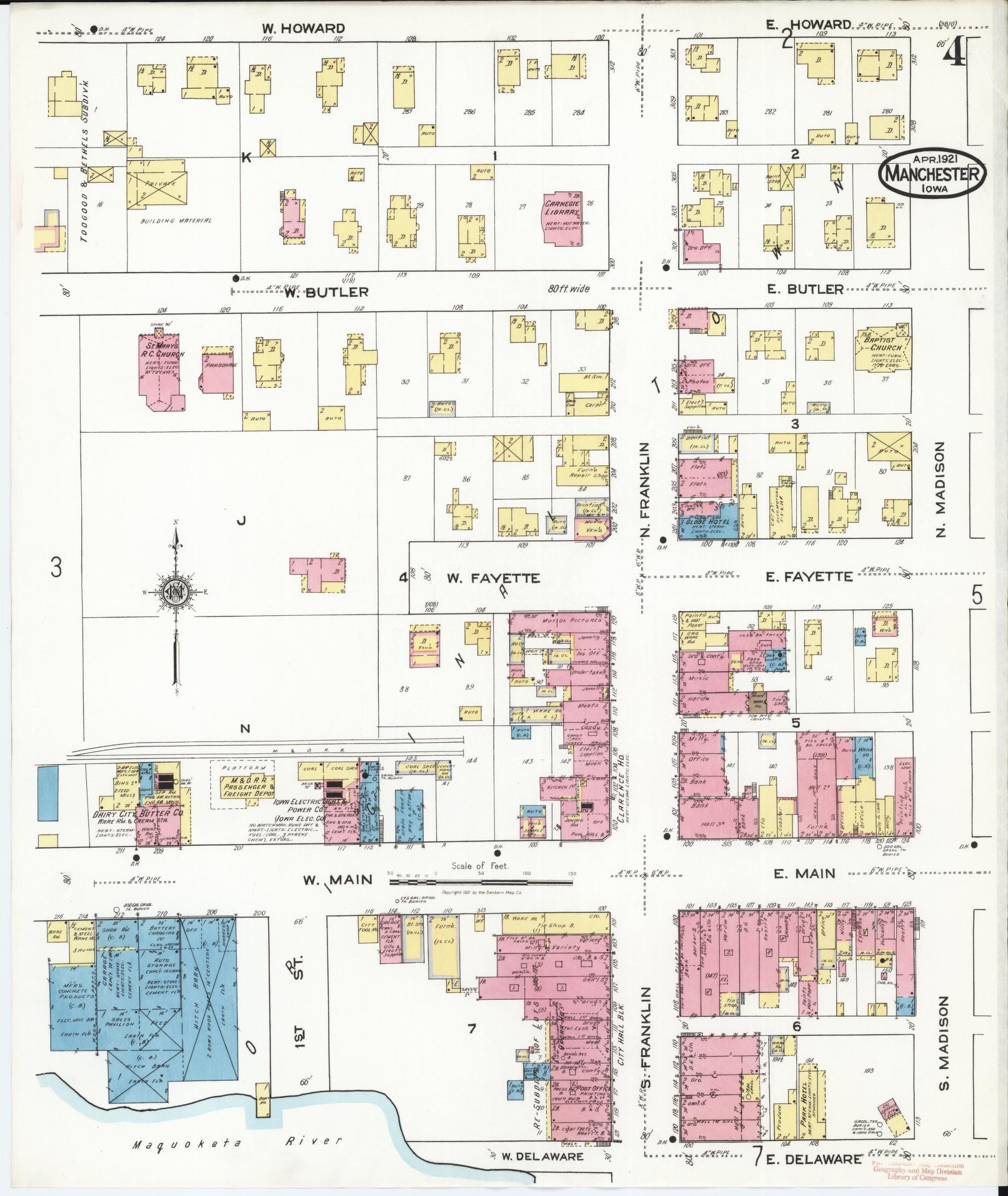 Sanborn Fire Insurance Map from Manchester, Delaware County, Iowa (1921), Sheet #0004 - Historic Sanborn Fire Insurance Map Print, vintage old map wall art, antique decor, genealogy gift, Manchester Delaware map