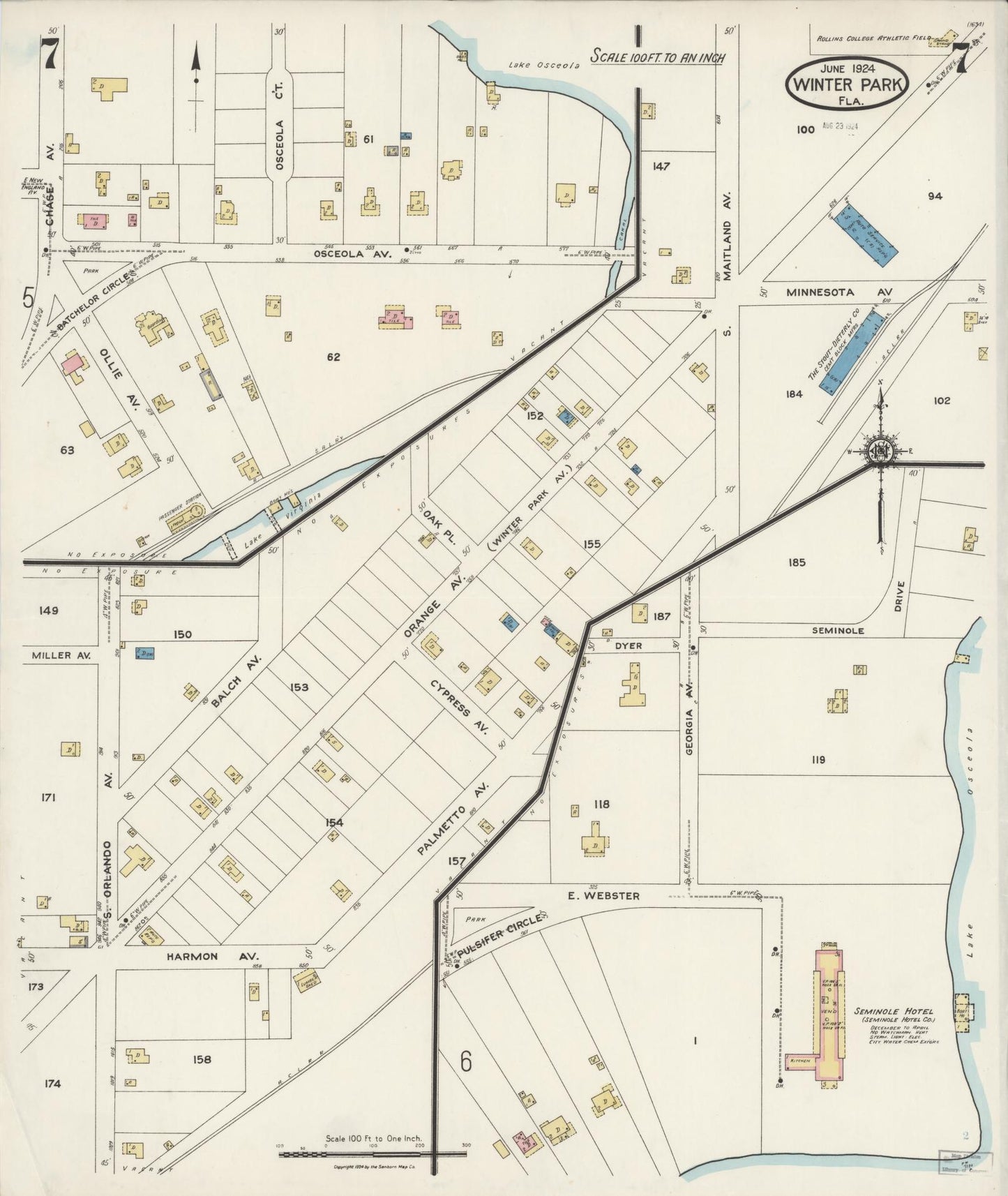 Sanborn Fire Insurance Map from Winter Park, Orange County, Florida (1924), Sheet #0007 - Complete Map Set gallery image, historic Sanborn map, vintage wall art, Florida Florida