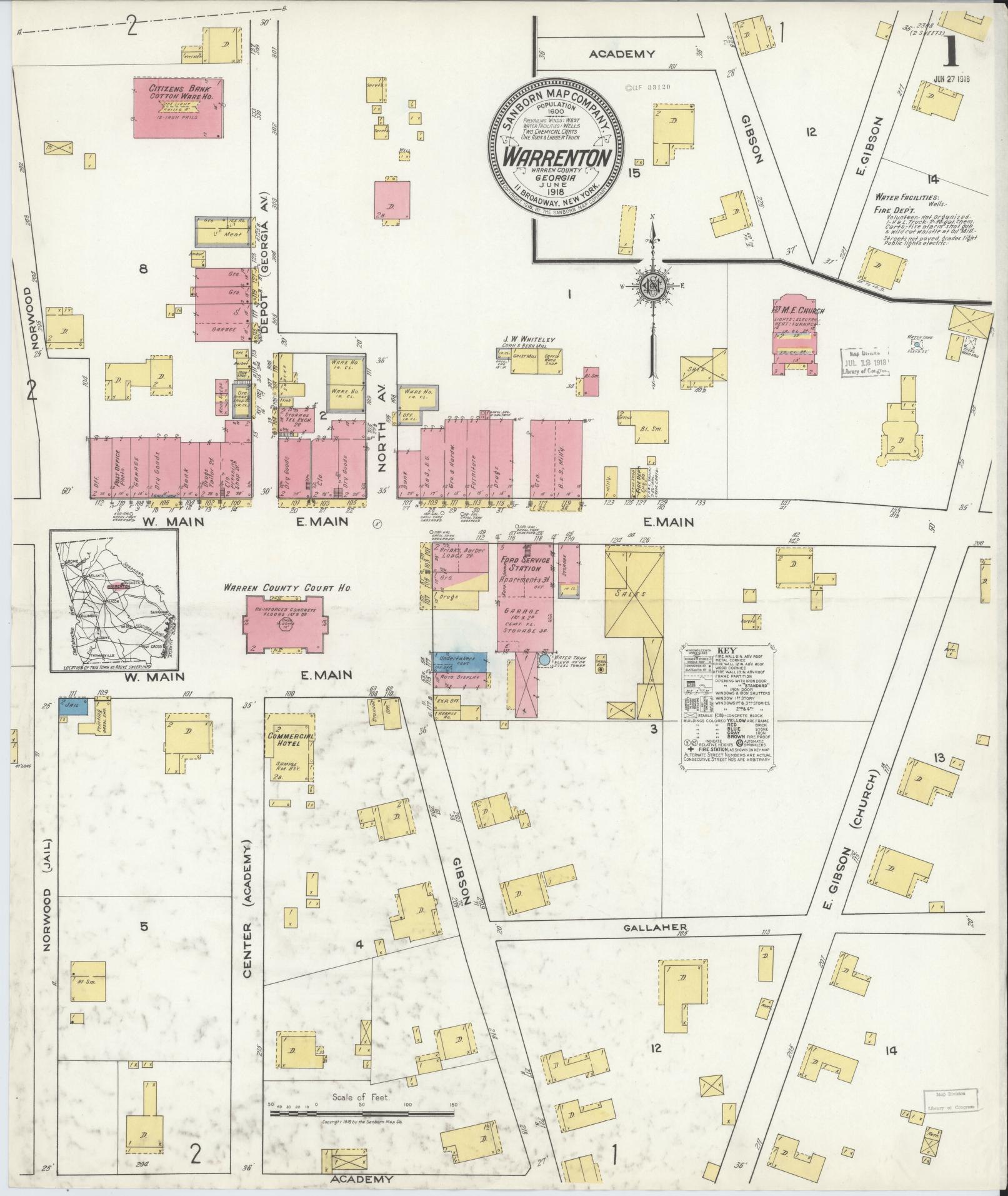 Sanborn Fire Insurance Map from Warrenton, Warren County, Georgia. (1918) – Historic Sanborn Fire Insurance Map Print