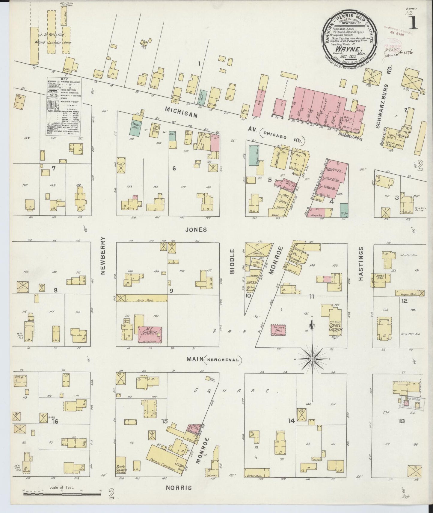 Sanborn Fire Insurance Map from Wayne, Wayne County, Michigan (1895), Sheet #0001 - Historic Sanborn Fire Insurance Map Print, vintage old map wall art, antique decor, genealogy gift, Michigan Michigan map