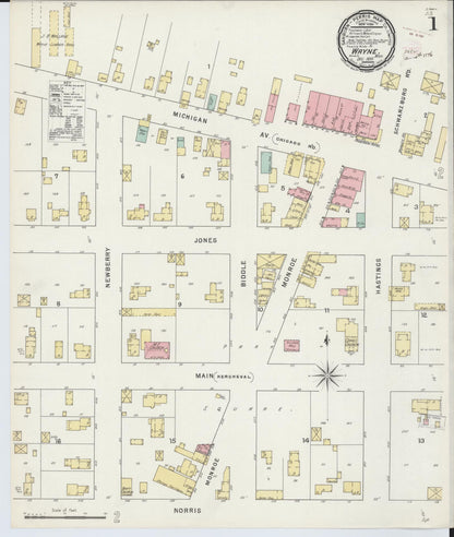 Sanborn Fire Insurance Map from Wayne, Wayne County, Michigan (1895), Sheet #0001 - Historic Sanborn Fire Insurance Map Print, vintage old map wall art, antique decor, genealogy gift, Michigan Michigan map