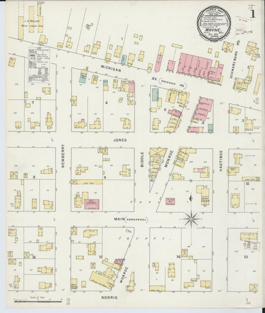 Sanborn Fire Insurance Map from Wayne, Wayne County, Michigan (1895), Sheet #0001 - Historic Sanborn Fire Insurance Map Print, vintage old map wall art, antique decor, genealogy gift, Michigan Michigan map