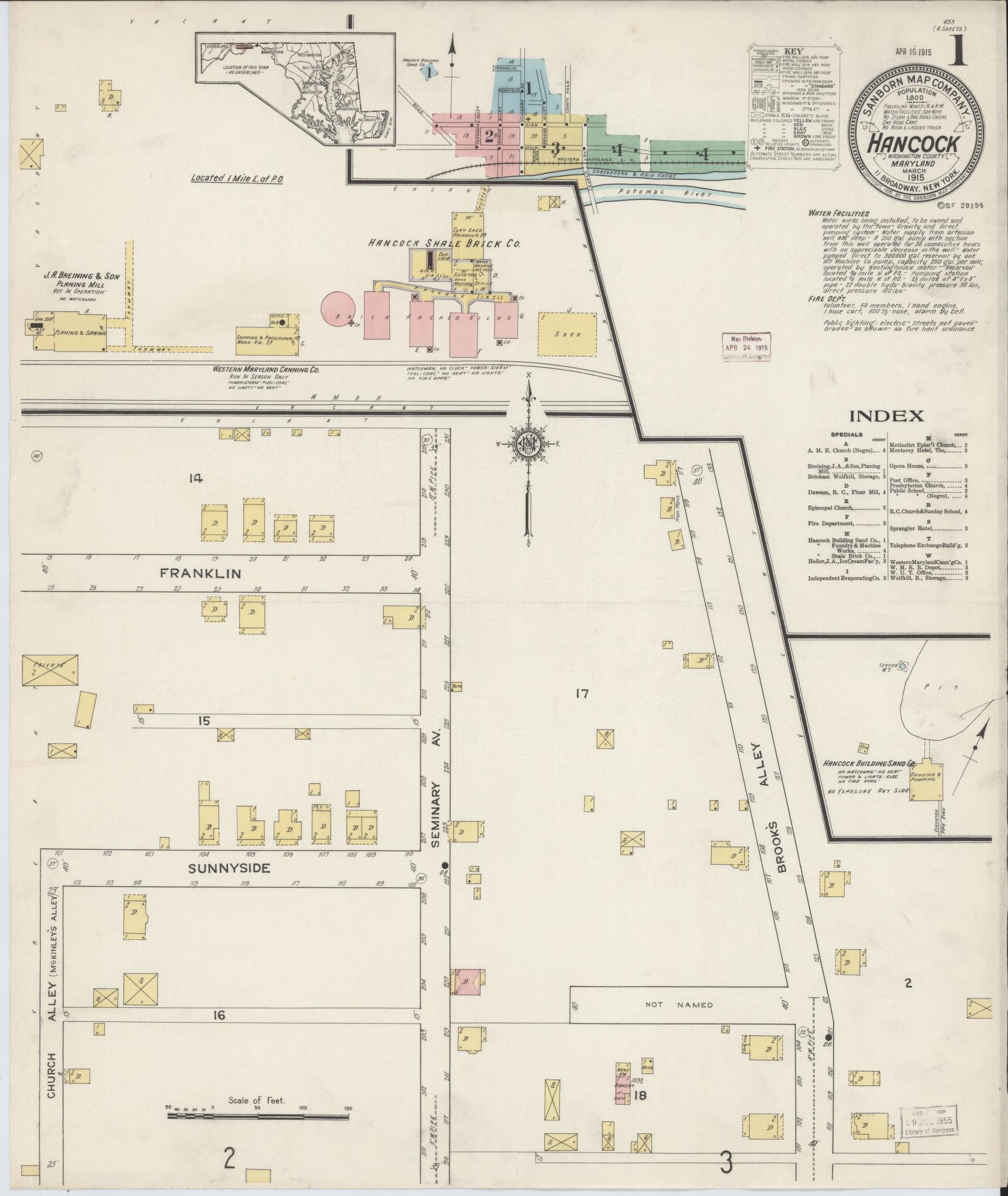 Sanborn Fire Insurance Map from Hancock, Washington County, Maryland (1915), Sheet #0001 - Complete Map Set gallery image, historic Sanborn map, vintage wall art, Maryland Maryland