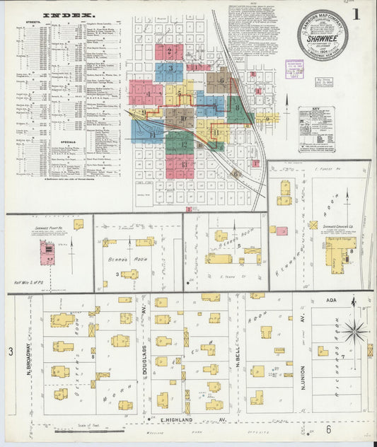 Sanborn Fire Insurance Map from Shawnee, Pottawatomie County, Oklahoma (1904), Sheet #0001 - Historic Sanborn Fire Insurance Map Print, vintage old map wall art, antique decor, genealogy gift, Oklahoma Oklahoma map