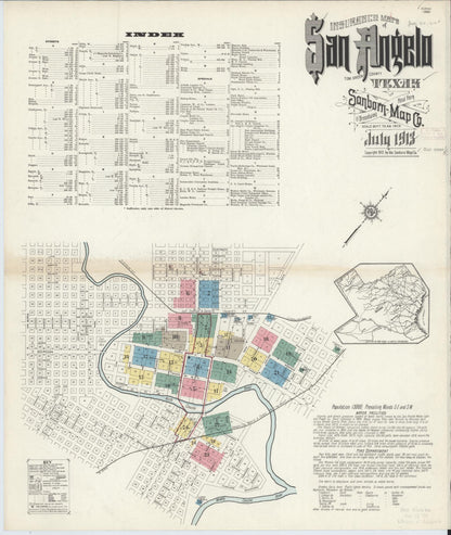 Sanborn Fire Insurance Map from San Angelo, Tom Green County, Texas (1913), Sheet #0001 - Historic Sanborn Fire Insurance Map Print, vintage old map wall art, antique decor, genealogy gift, Texas Texas map