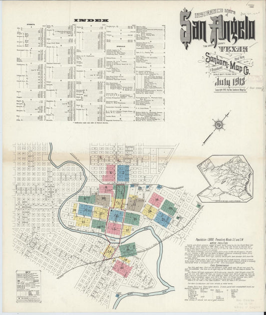 Sanborn Fire Insurance Map from San Angelo, Tom Green County, Texas (1913), Sheet #0001 - Historic Sanborn Fire Insurance Map Print, vintage old map wall art, antique decor, genealogy gift, Texas Texas map