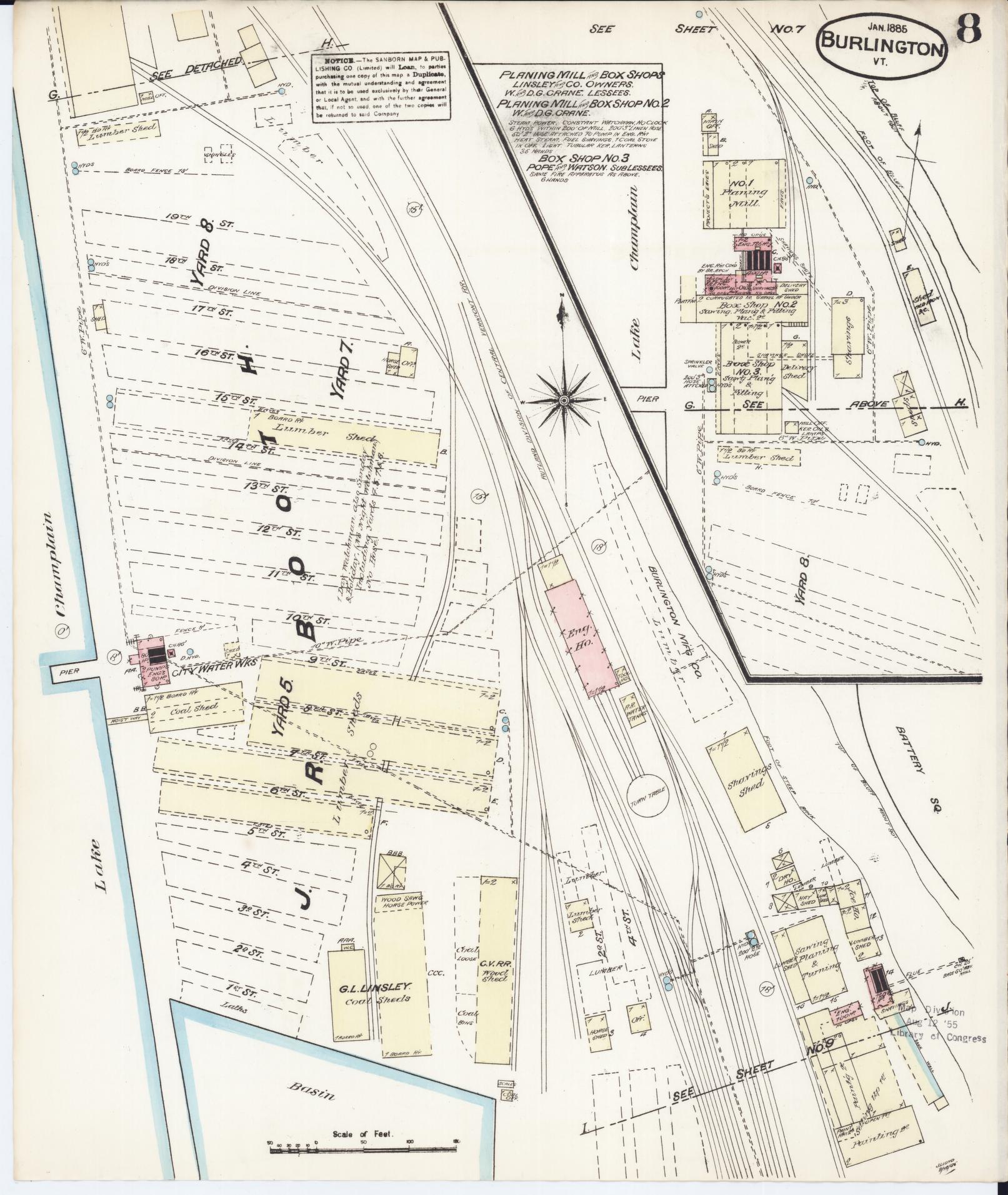 Sanborn Fire Insurance Map from Burlington, Chittenden County, Vermont (1885), Sheet #0008 - Complete Map Set gallery image, historic Sanborn map, vintage wall art, Vermont Vermont