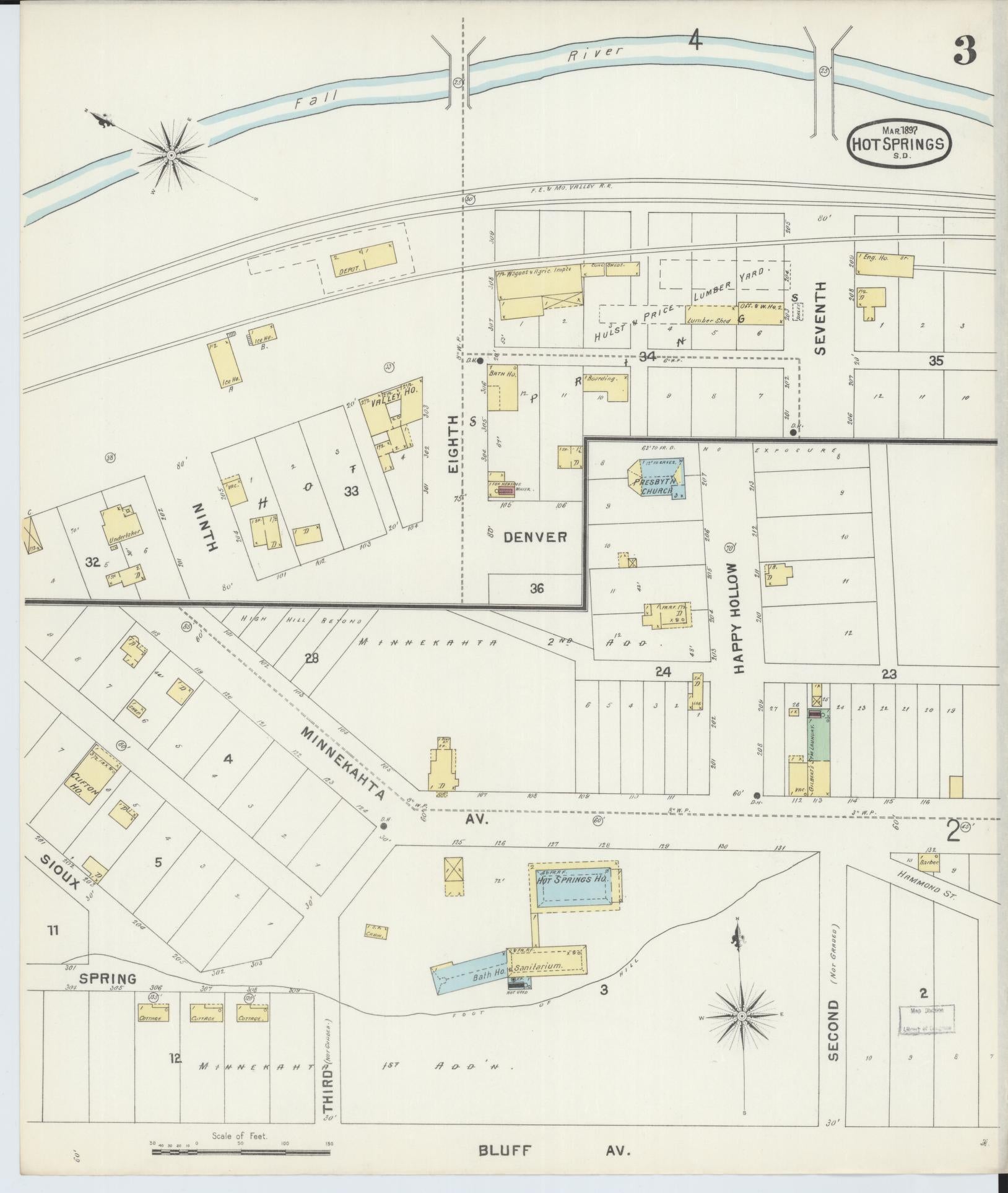 Sanborn Fire Insurance Map from Hot Springs, Fall River County, South Dakota (1897), Sheet #0003 - Historic Sanborn Fire Insurance Map Print, vintage old map wall art, antique decor, genealogy gift, South Dakota South Dakota map