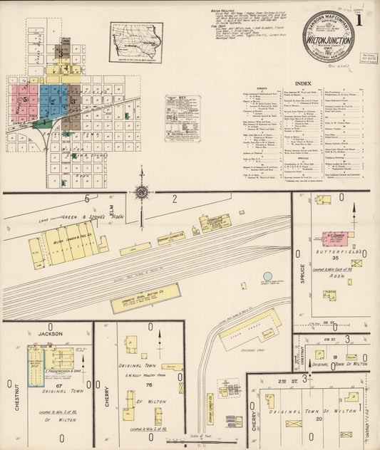 Sanborn Fire Insurance Map from Wilton Junction, Muscatine County, Iowa (1922), Sheet #0001 - Historic Sanborn Fire Insurance Map Print, vintage old map wall art