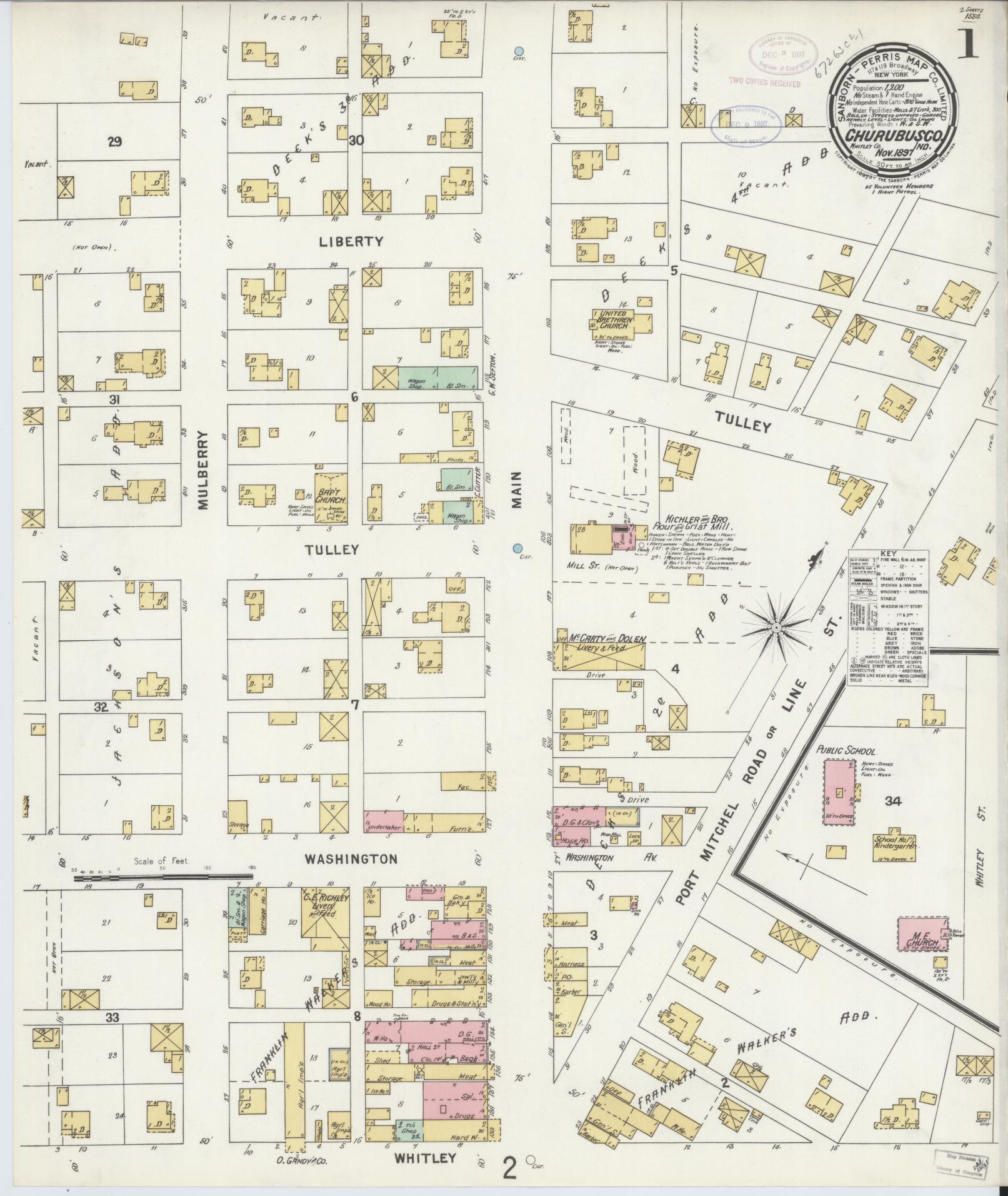 Sanborn Fire Insurance Map from Churubusco, Whitley County, Indiana (1897), Sheet #0001 - Historic Sanborn Fire Insurance Map Print, vintage old map wall art, antique decor, genealogy gift, Indiana Indiana map
