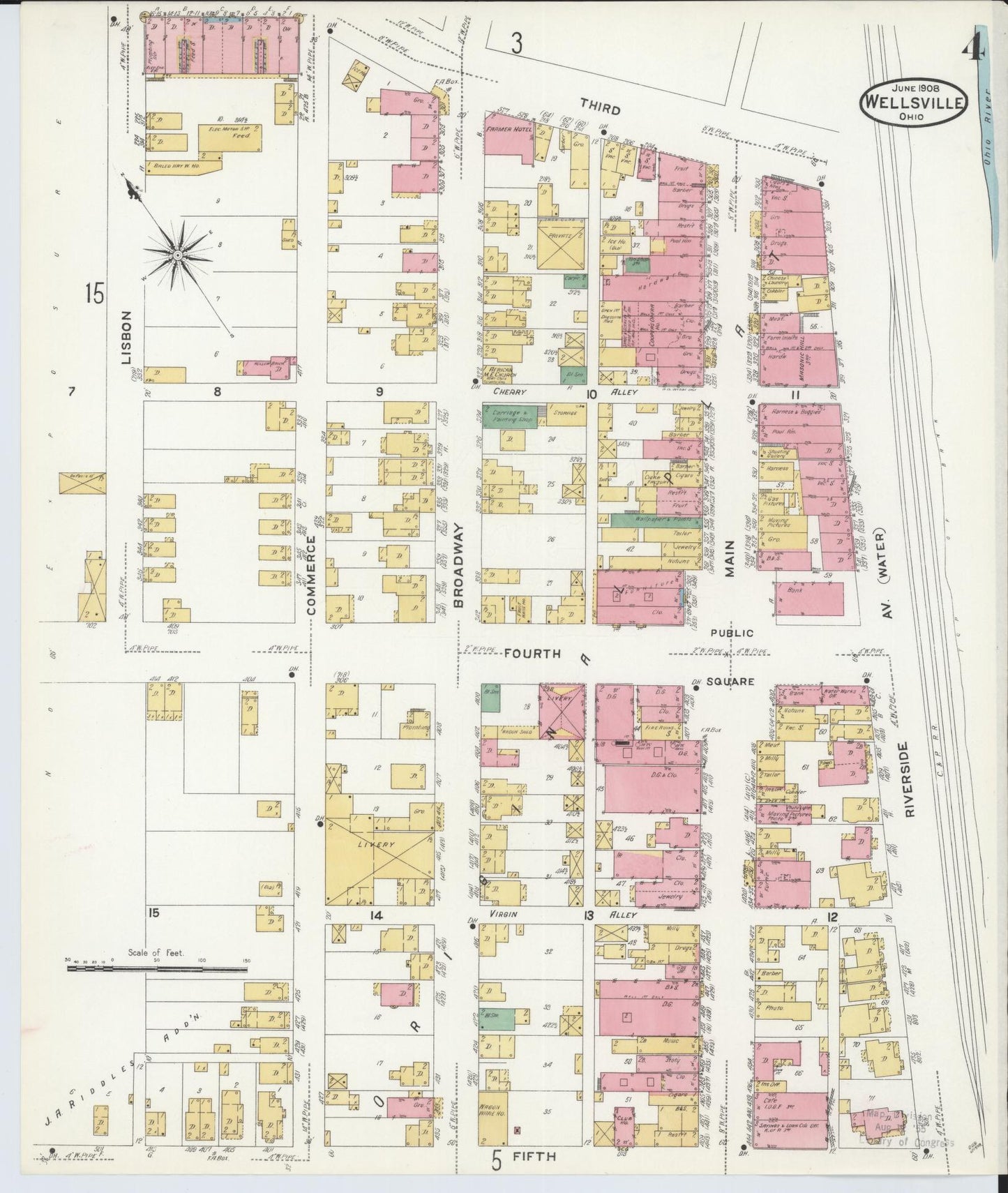 Sanborn Fire Insurance Map from Wellsville, Columbiana County, Ohio (1908), Sheet #0004 - Complete Map Set gallery image, historic Sanborn map, vintage wall art, Ohio Ohio