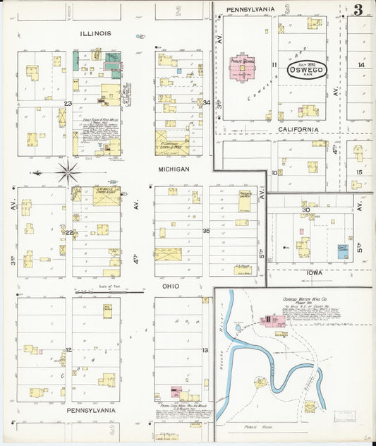 Sanborn Fire Insurance Map from Oswego, Labette County, Kansas (1892), Sheet #0003 - Historic Sanborn Fire Insurance Map Print, vintage old map wall art, antique decor, genealogy gift, Kansas Kansas map
