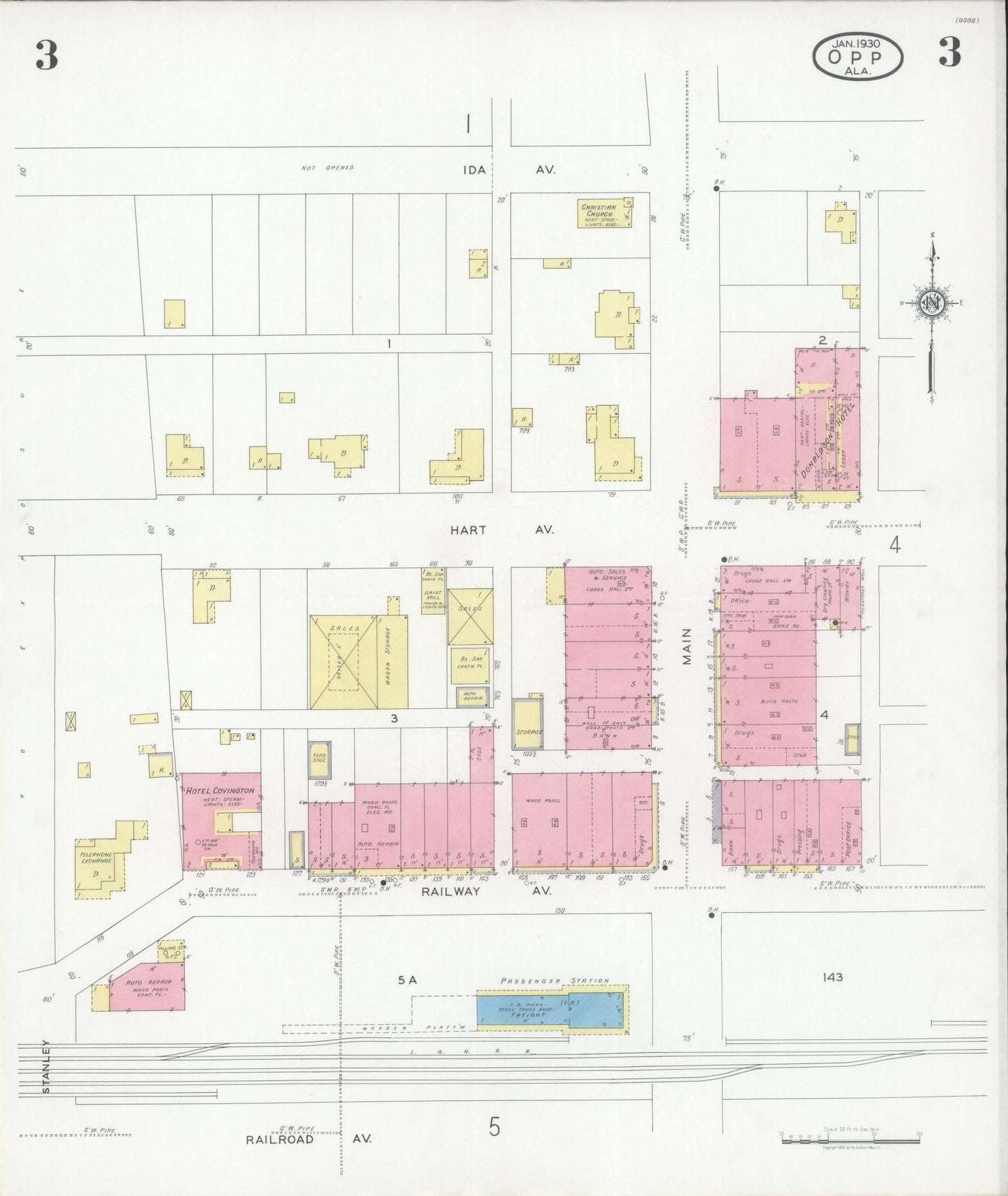 Sanborn Fire Insurance Map from Opp, Covington County, Alabama (1930), Sheet #0003 - Complete Map Set gallery image, historic Sanborn map, vintage wall art, Alabama Alabama