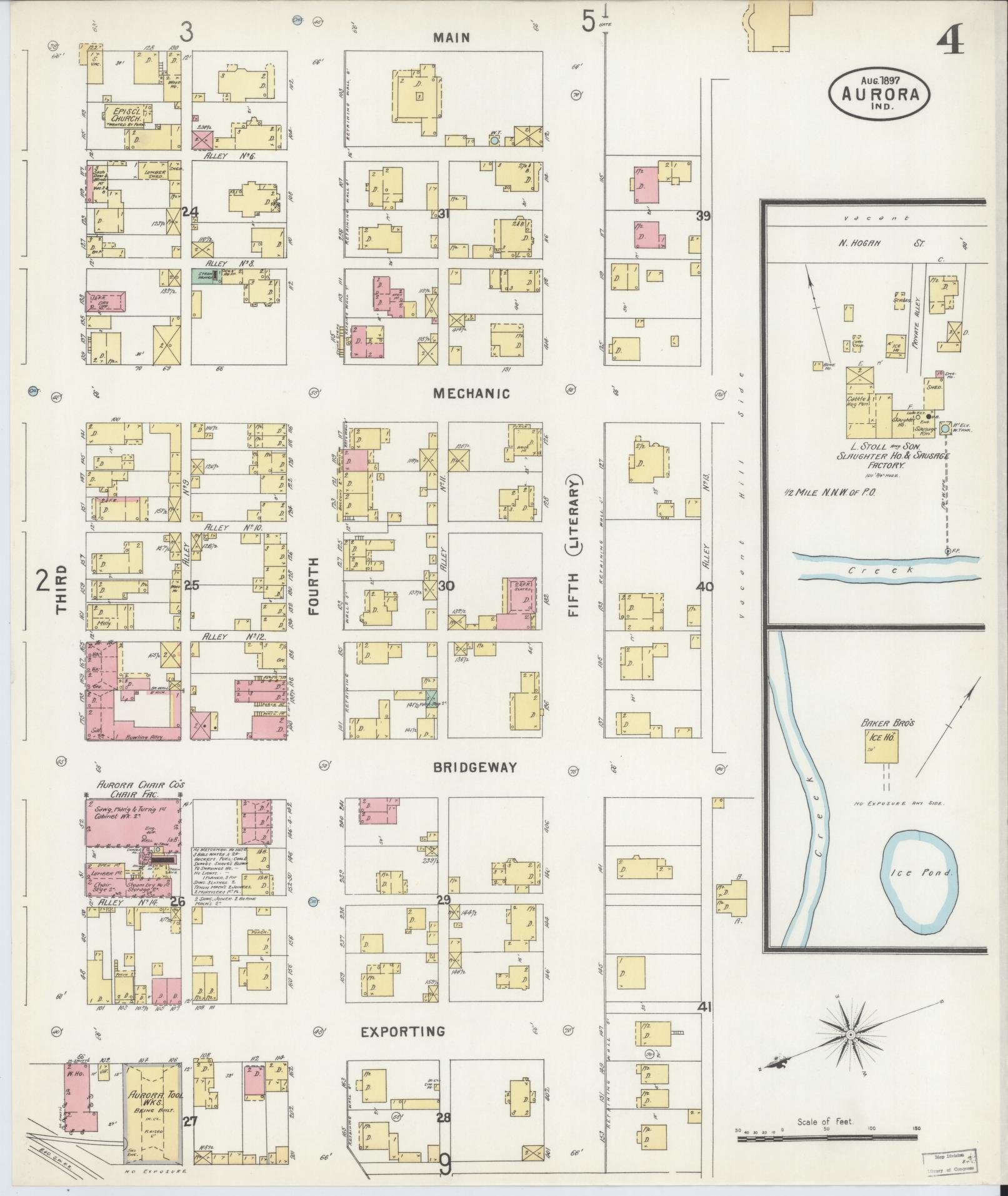Sanborn Fire Insurance Map from Aurora, Dearborn County, Indiana (1897), Sheet #0004 - Complete Map Set gallery image, historic Sanborn map, vintage wall art, Indiana Indiana