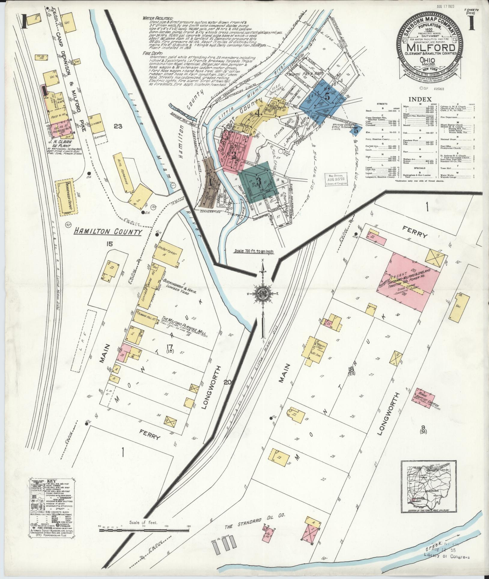 Sanborn Fire Insurance Map from Milford, Clermont And Hamilton County, Ohio (1925), Sheet #0001 - Complete Map Set gallery image, historic Sanborn map, vintage wall art, Ohio Ohio
