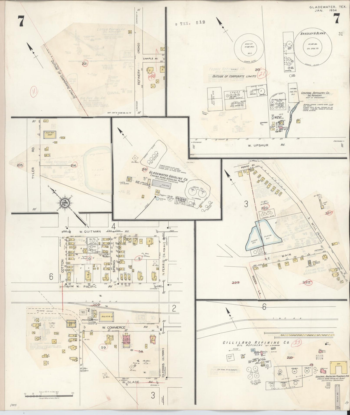 Sanborn Fire Insurance Map from Gladewater, Gregg County, Texas (1938), Sheet #0007 - Complete Map Set gallery image, historic Sanborn map, vintage wall art, Texas Texas