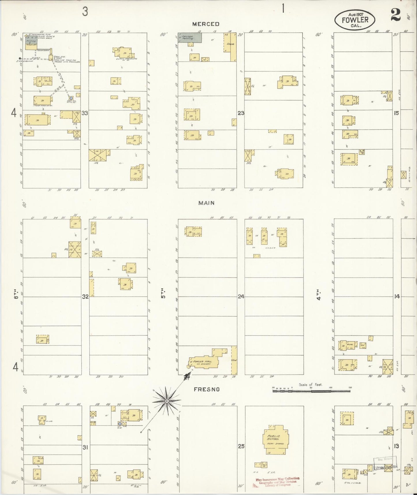 Sanborn Fire Insurance Map from Fowler, Fresno County, California (1907), Sheet #0002 - Historic Sanborn Fire Insurance Map Print, vintage old map wall art, antique decor, genealogy gift, California California map