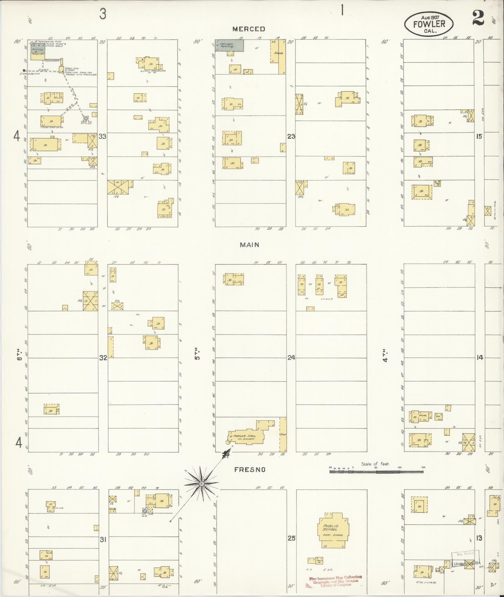 Sanborn Fire Insurance Map from Fowler, Fresno County, California (1907), Sheet #0002 - Historic Sanborn Fire Insurance Map Print, vintage old map wall art, antique decor, genealogy gift, California California map