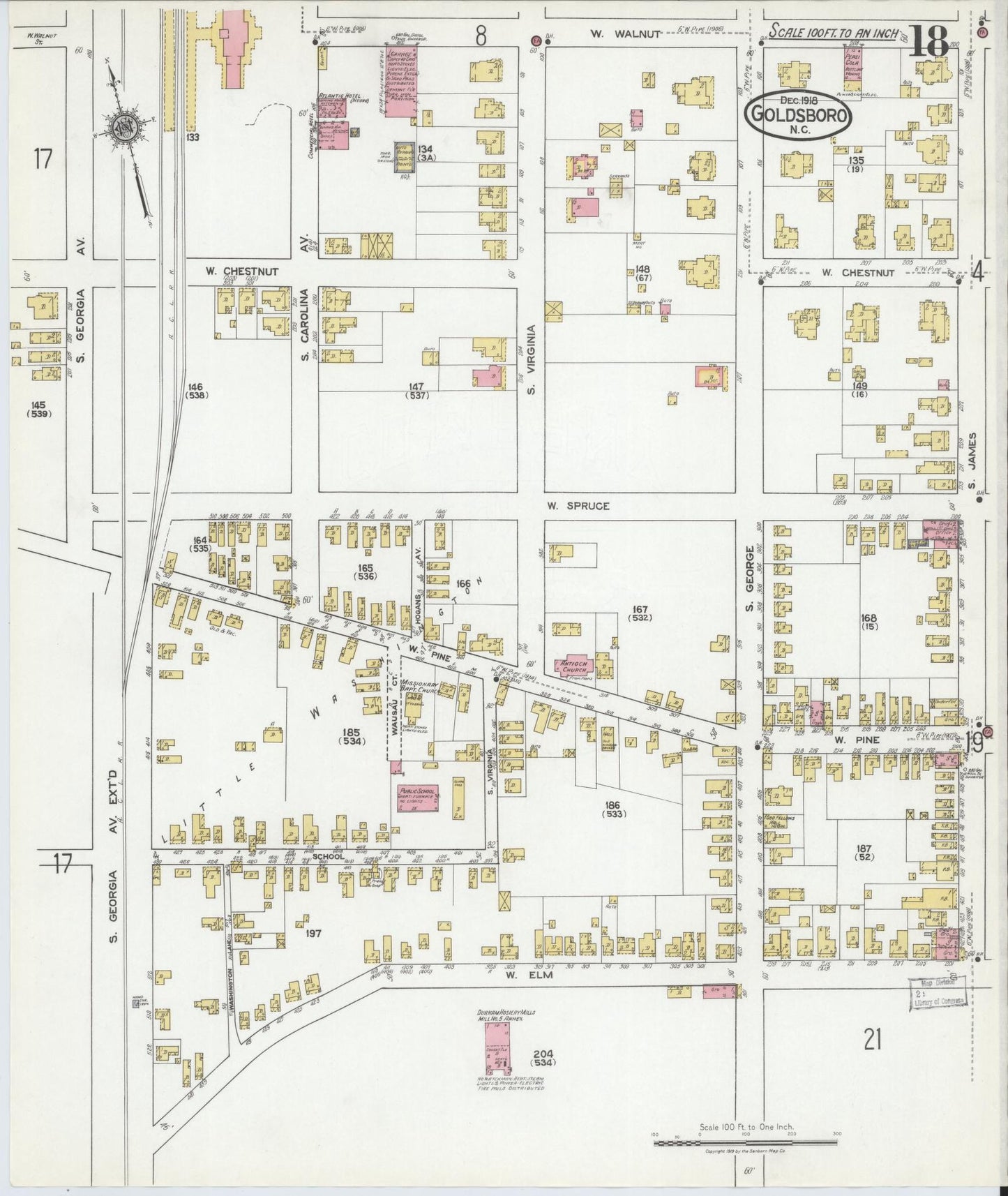 Sanborn Fire Insurance Map from Goldsboro, Wayne County, North Carolina (1918), Sheet #0018 - Complete Map Set gallery image, historic Sanborn map, vintage wall art, North Carolina North Carolina