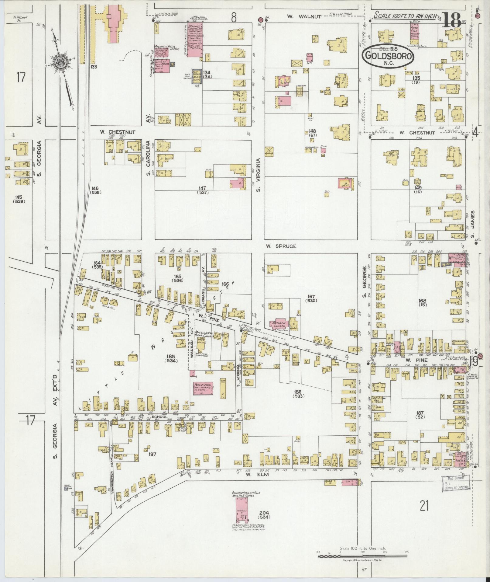 Sanborn Fire Insurance Map from Goldsboro, Wayne County, North Carolina (1918), Sheet #0018 - Complete Map Set gallery image, historic Sanborn map, vintage wall art, North Carolina North Carolina