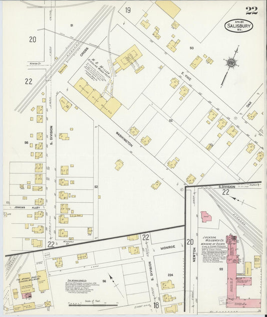 Sanborn Fire Insurance Map from Salisbury, Wicomico County, Maryland (1911), Sheet #0022 - Historic Sanborn Fire Insurance Map Print, vintage old map wall art, antique decor, genealogy gift, Maryland Maryland map
