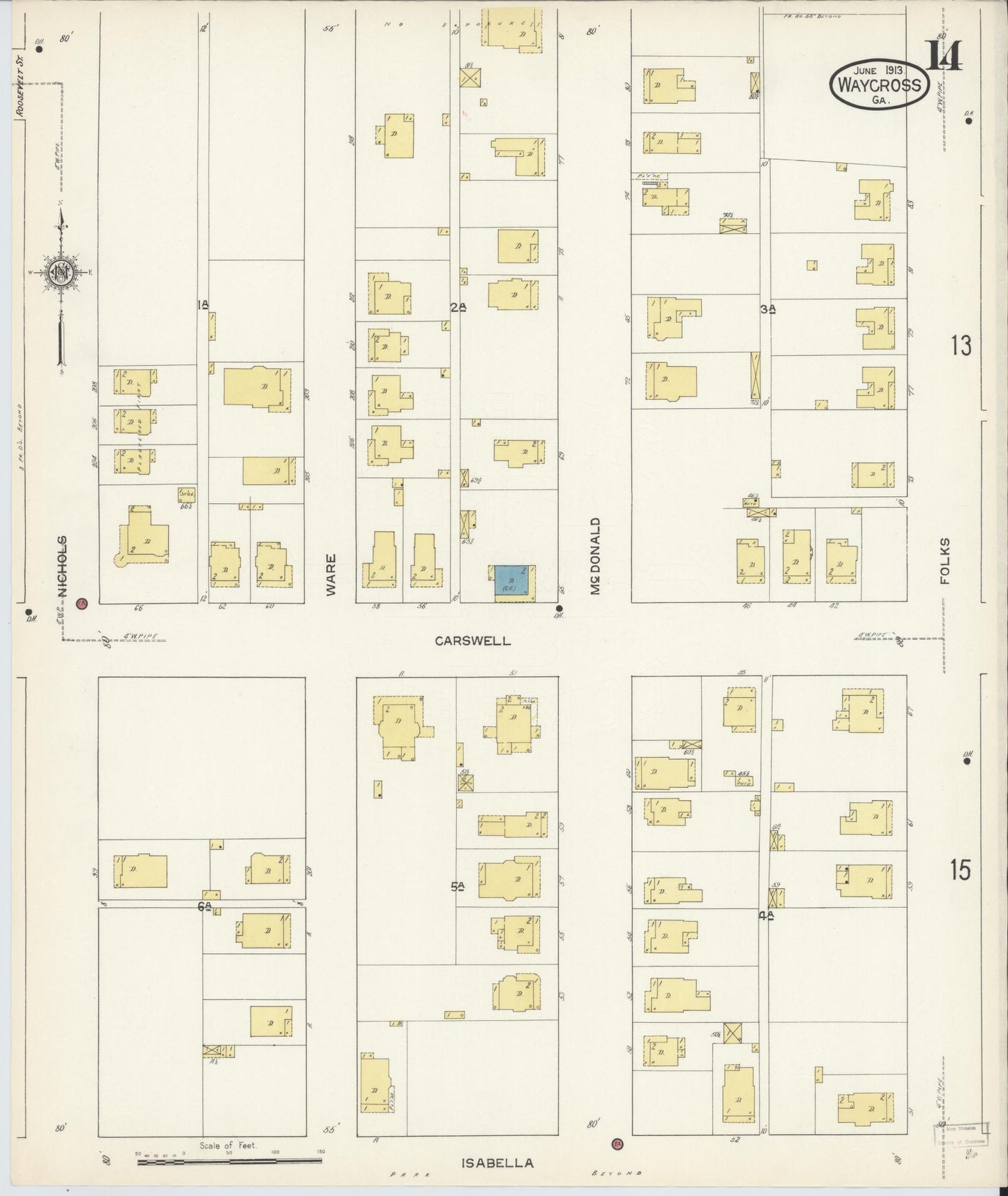 Sanborn Fire Insurance Map from Waycross, Ware County, Georgia (1913), Sheet #0014 - Complete Map Set gallery image, historic Sanborn map, vintage wall art, Georgia Georgia