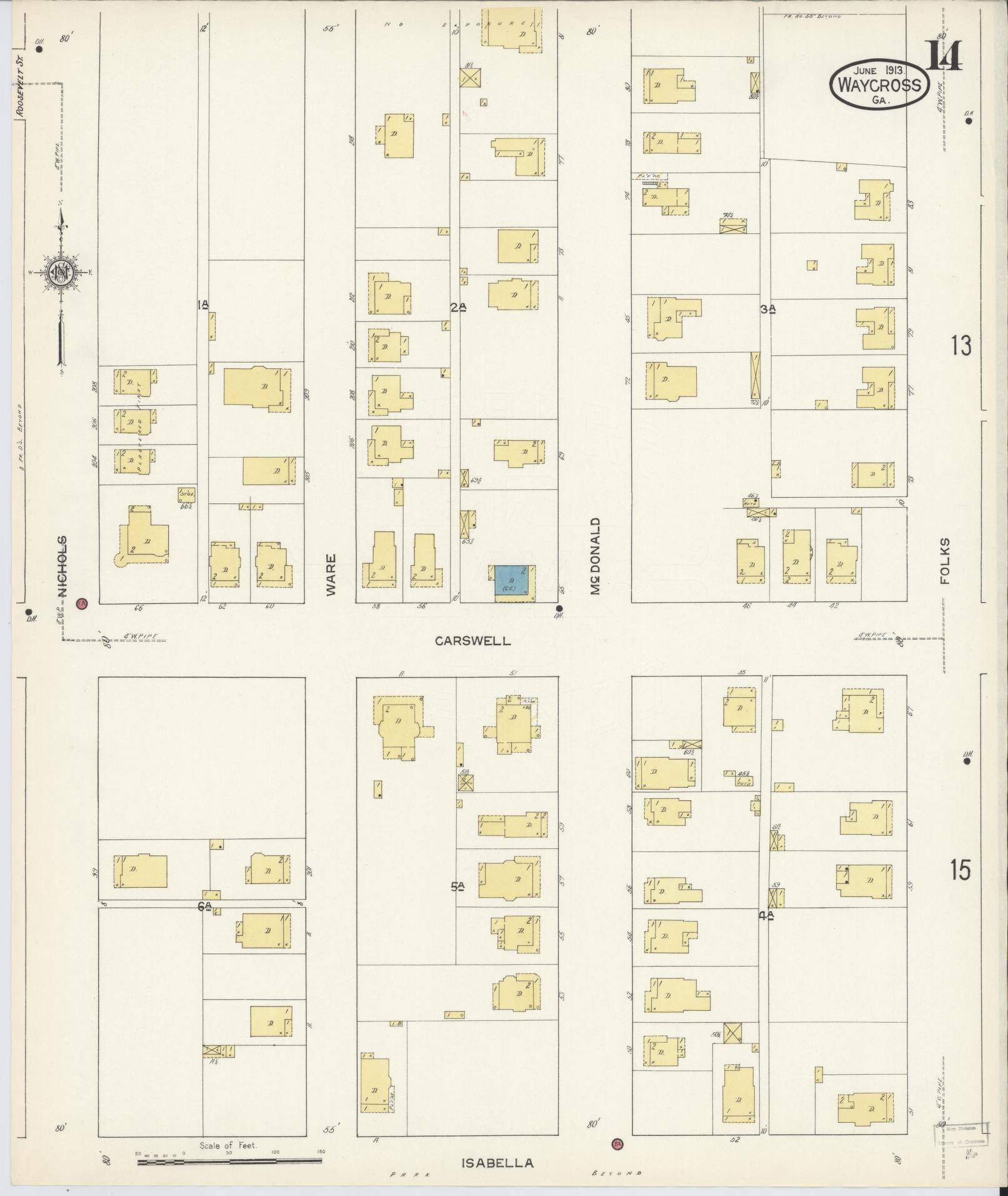 Sanborn Fire Insurance Map from Waycross, Ware County, Georgia (1913), Sheet #0014 - Complete Map Set gallery image, historic Sanborn map, vintage wall art, Georgia Georgia