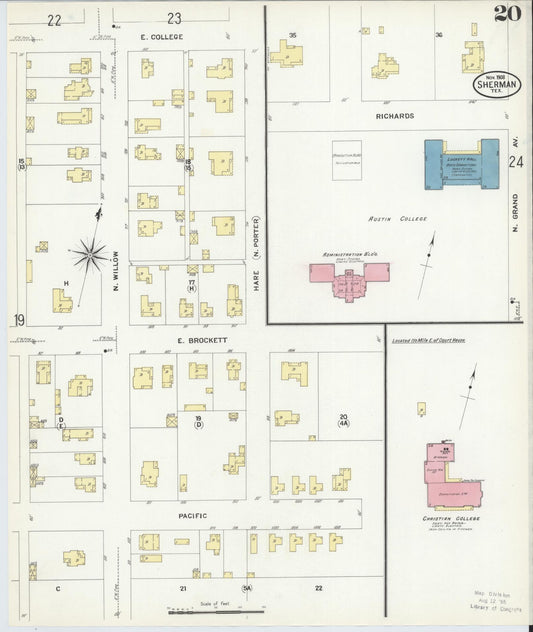 Sanborn Fire Insurance Map from Sherman, Grayson County, Texas (1908), Sheet #0020 - Historic Sanborn Fire Insurance Map Print, vintage old map wall art, antique decor, genealogy gift, Texas Texas map