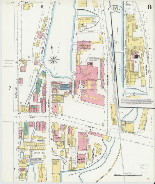 Sanborn Fire Insurance Map from Derby, New Haven County, Connecticut (1901), Sheet #0008 - Historic Sanborn Fire Insurance Map Print, vintage old map wall art, antique decor, genealogy gift, Connecticut Connecticut map