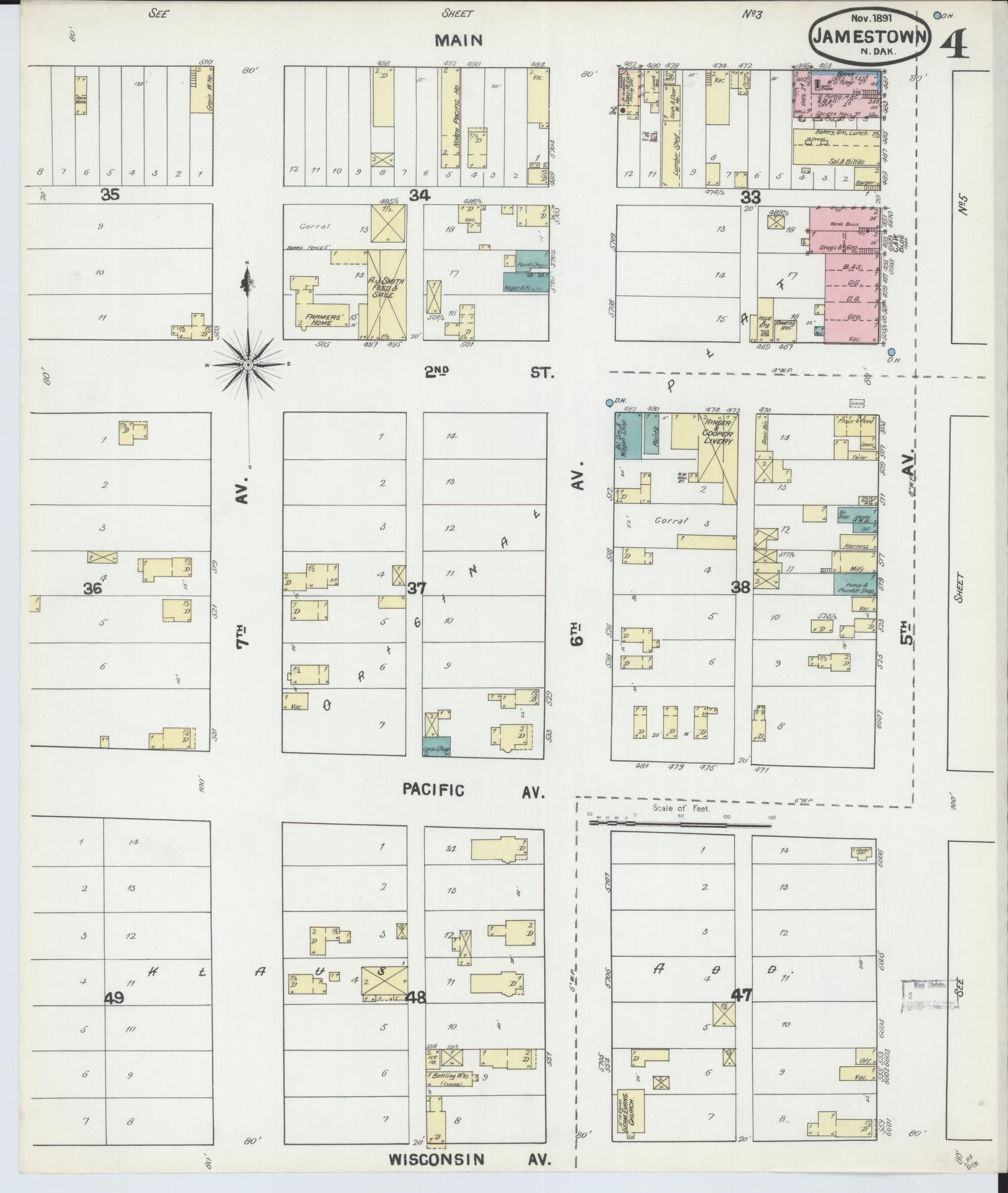 Sanborn Fire Insurance Map from Jamestown, Stutsman County, North Dakota (1891), Sheet #0004 - Complete Map Set gallery image, historic Sanborn map, vintage wall art, North Dakota North Dakota