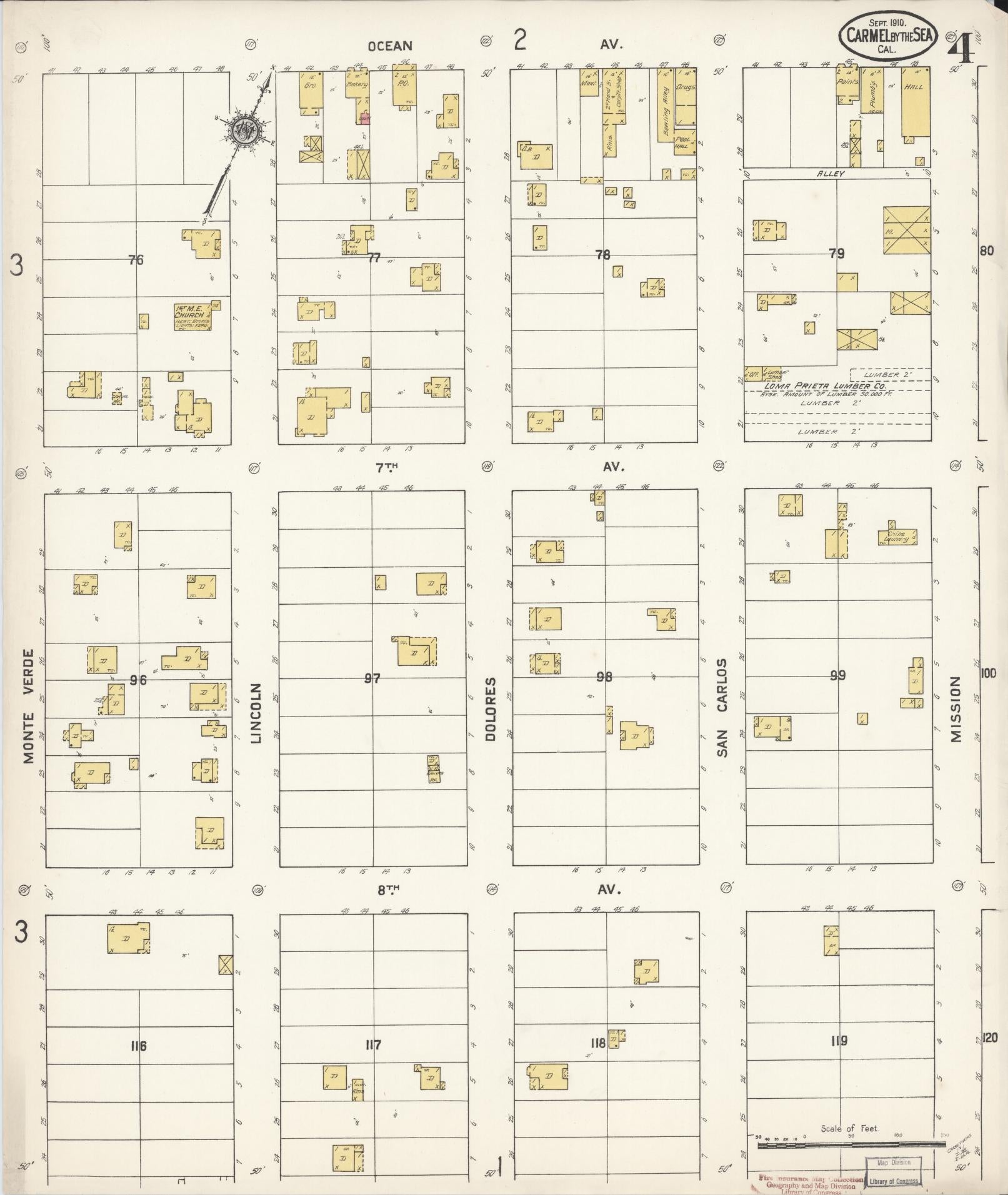 Sanborn Fire Insurance Map from Carmel By The Sea, Monterey County, California (1910), Sheet #0004 - Complete Map Set gallery image, historic Sanborn map, vintage wall art, California California