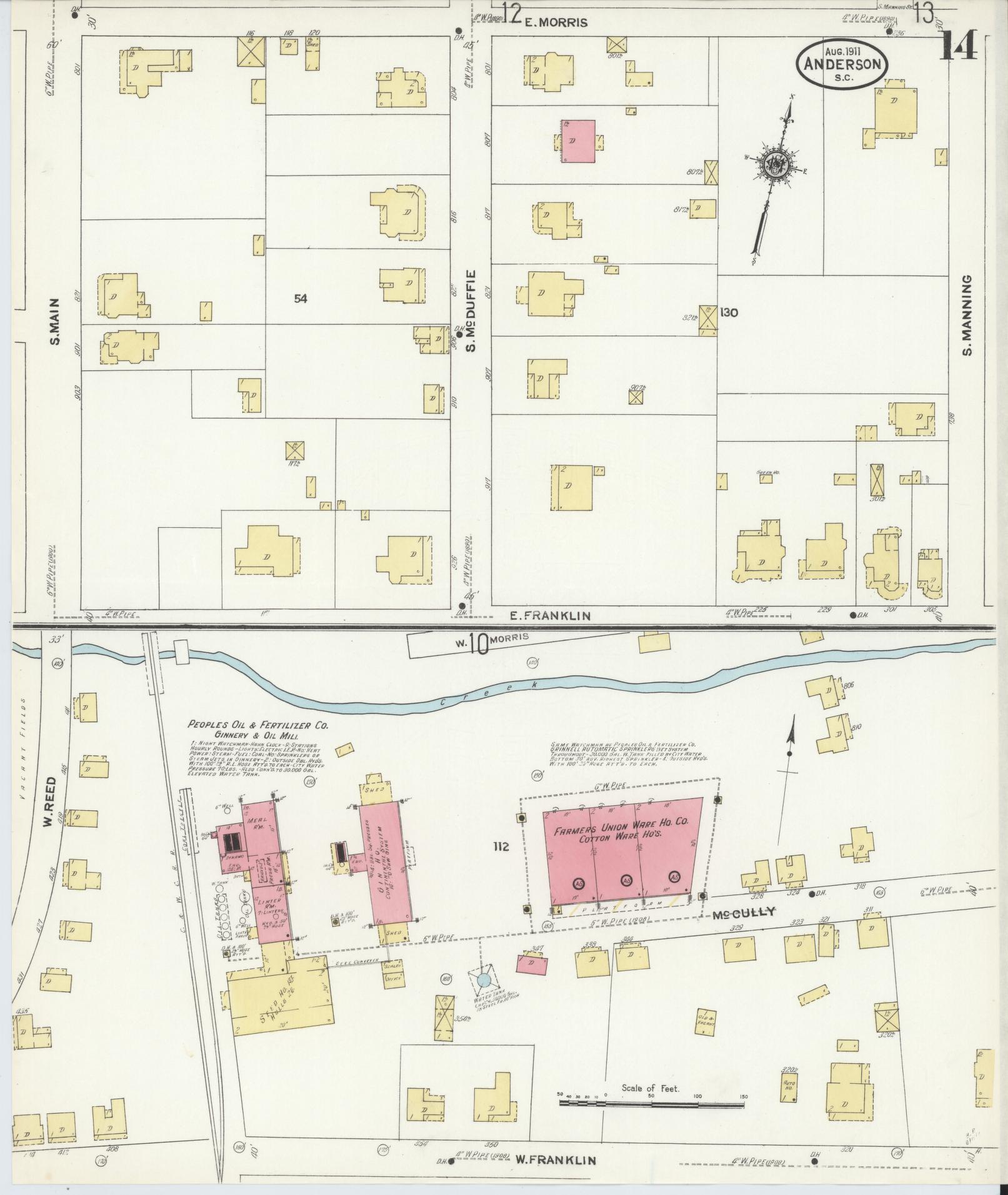 Sanborn Fire Insurance Map from Anderson, Anderson County, South Carolina (1911), Sheet #0014 - Complete Map Set gallery image, historic Sanborn map, vintage wall art, South Carolina South Carolina