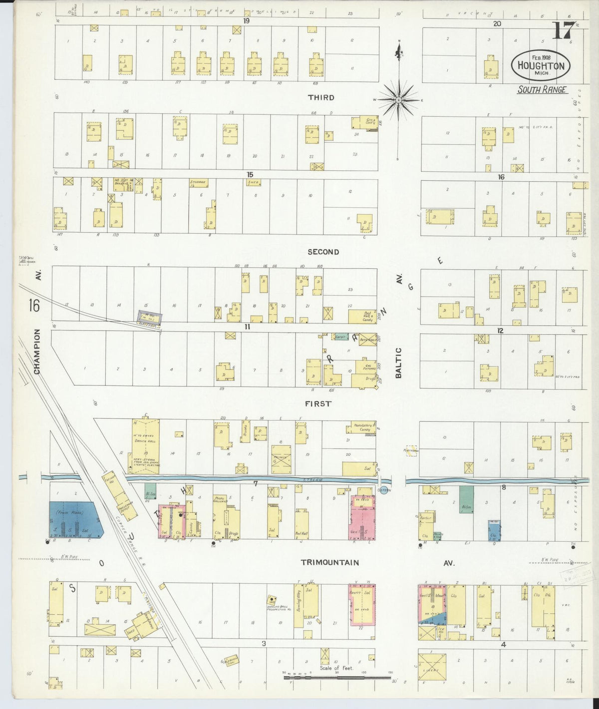 Sanborn Fire Insurance Map from Houghton, Houghton County, Michigan (1908), Sheet #0017 - Historic Sanborn Fire Insurance Map Print, vintage old map wall art, antique decor, genealogy gift, Michigan Michigan map