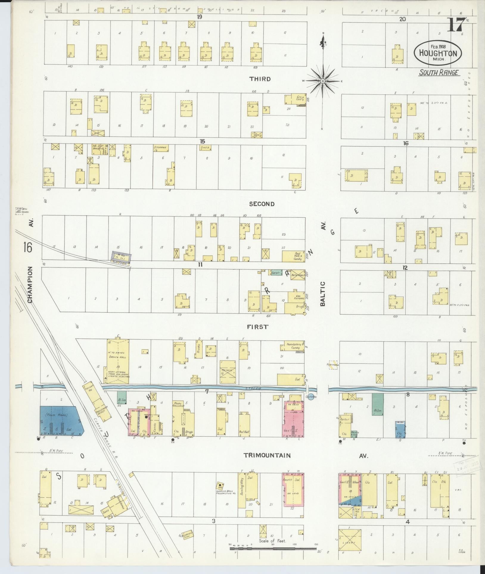 Sanborn Fire Insurance Map from Houghton, Houghton County, Michigan (1908), Sheet #0017 - Historic Sanborn Fire Insurance Map Print, vintage old map wall art, antique decor, genealogy gift, Michigan Michigan map