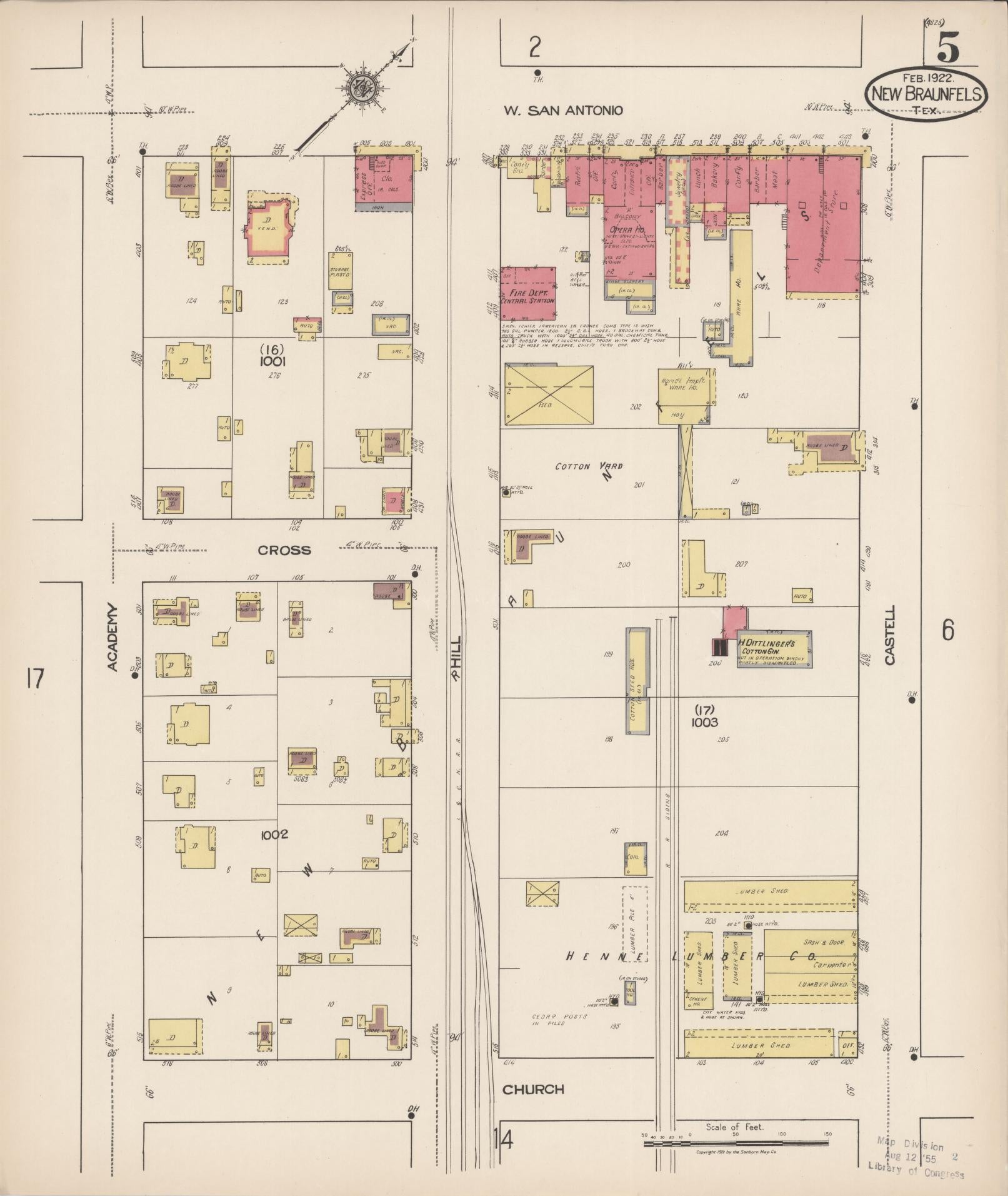 Sanborn Fire Insurance Map from New Braunfels, Comal County, Texas (1922), Sheet #0005 - Historic Sanborn Fire Insurance Map Print, vintage old map wall art, antique decor, genealogy gift, Texas Texas map