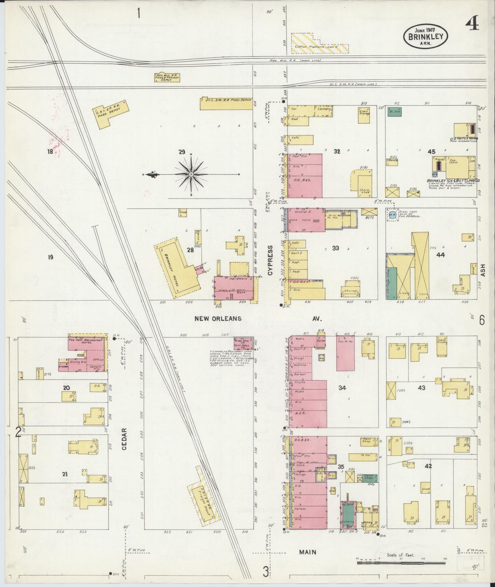 Sanborn Fire Insurance Map from Brinkley, Monroe County, Arkansas (1907), Sheet #0004 - Historic Sanborn Fire Insurance Map Print, vintage old map wall art, antique decor, genealogy gift, Arkansas Arkansas map