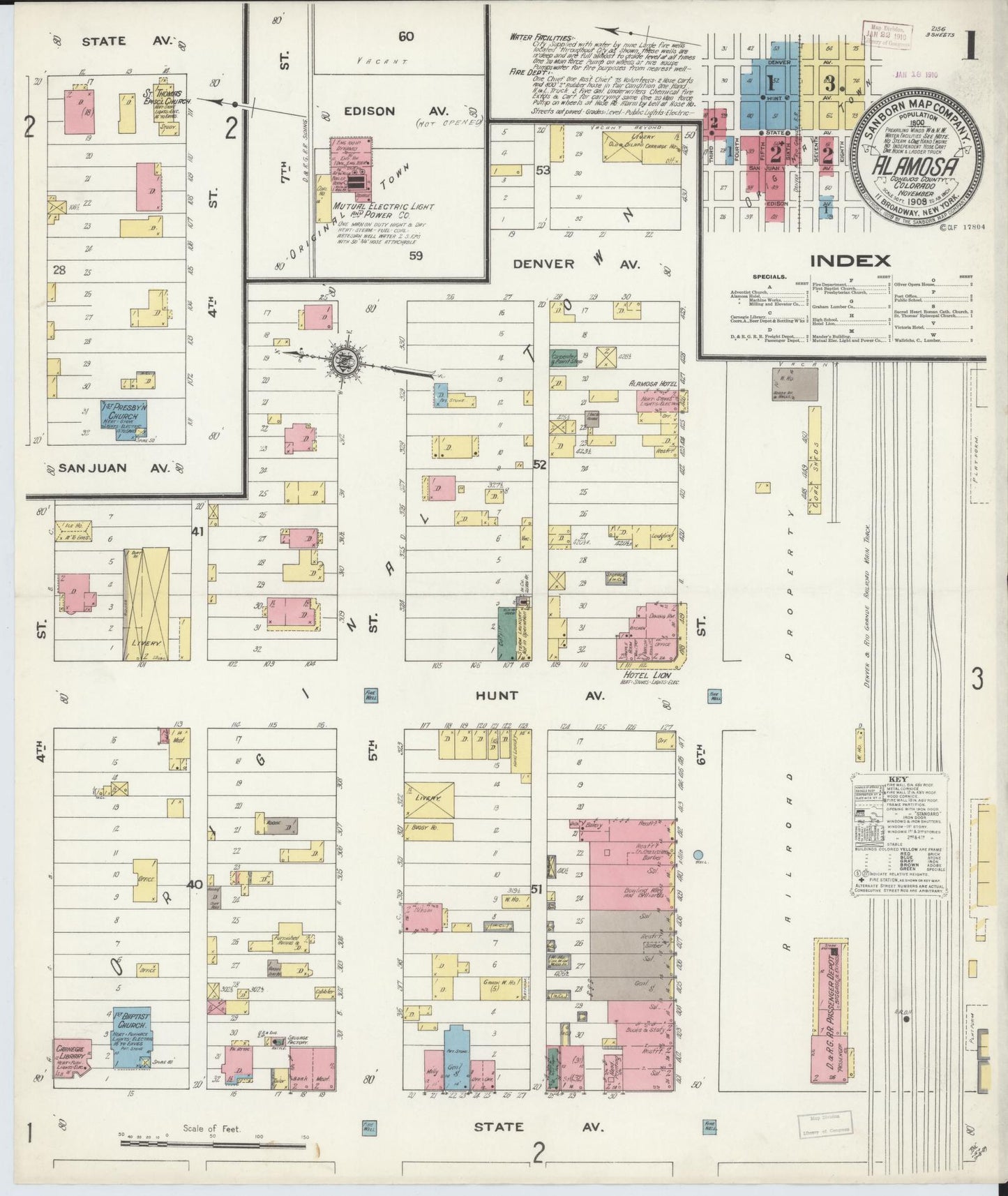 Sanborn Fire Insurance Map from Alamosa, Alamosa County, Colorado (1909), Sheet #0001 - Historic Sanborn Fire Insurance Map Print, vintage old map wall art, antique decor, genealogy gift, Colorado Colorado map