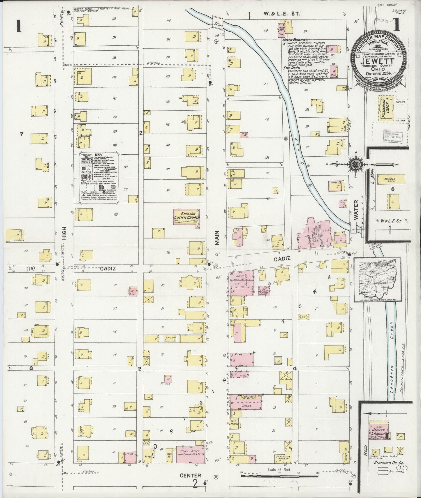 Sanborn Fire Insurance Map from Jewett, Harrison County, Ohio (1924), Sheet #0001 - Historic Sanborn Fire Insurance Map Print, vintage old map wall art, antique decor, genealogy gift, Ohio Ohio map