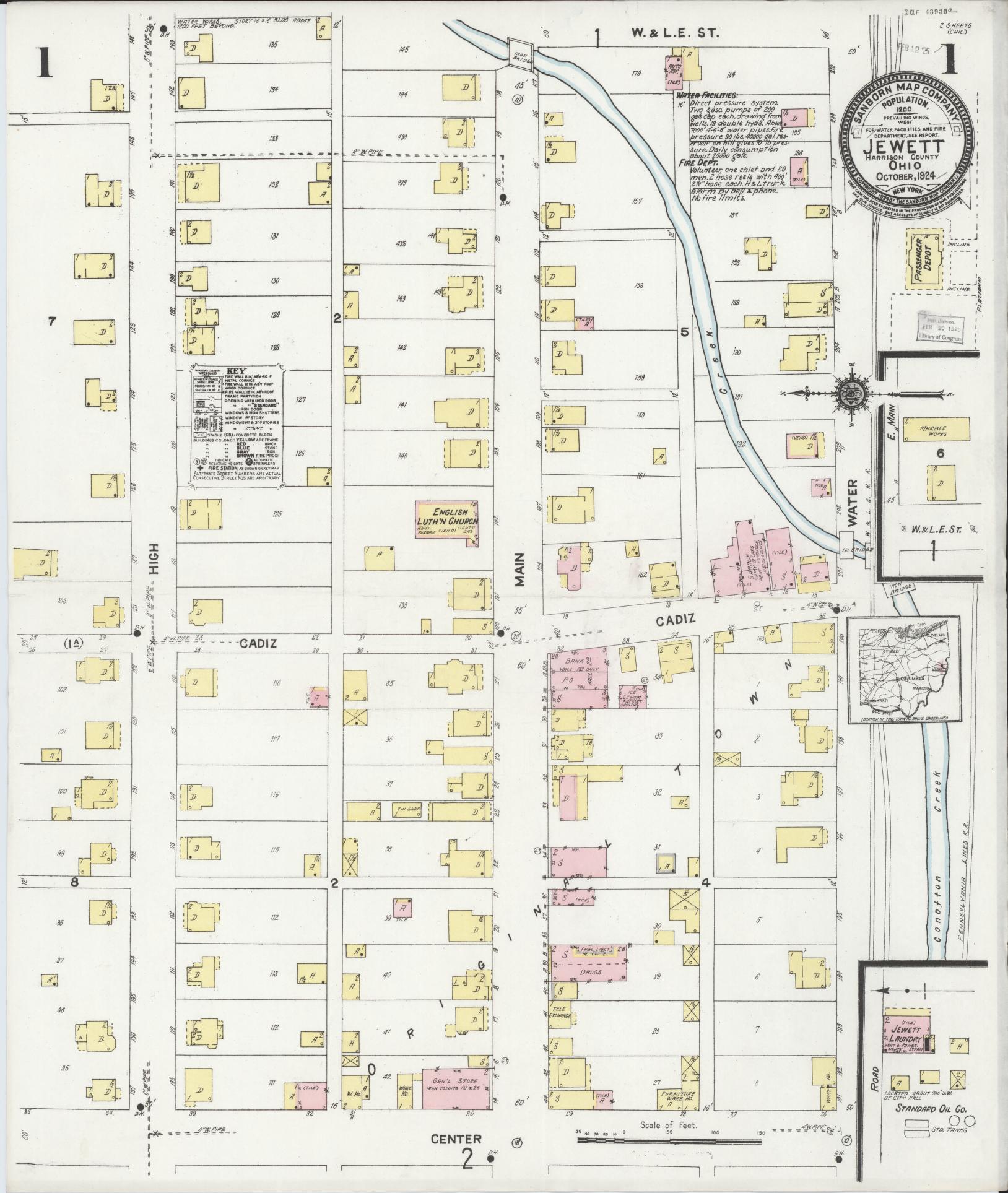 Sanborn Fire Insurance Map from Jewett, Harrison County, Ohio (1924), Sheet #0001 - Historic Sanborn Fire Insurance Map Print, vintage old map wall art, antique decor, genealogy gift, Ohio Ohio map