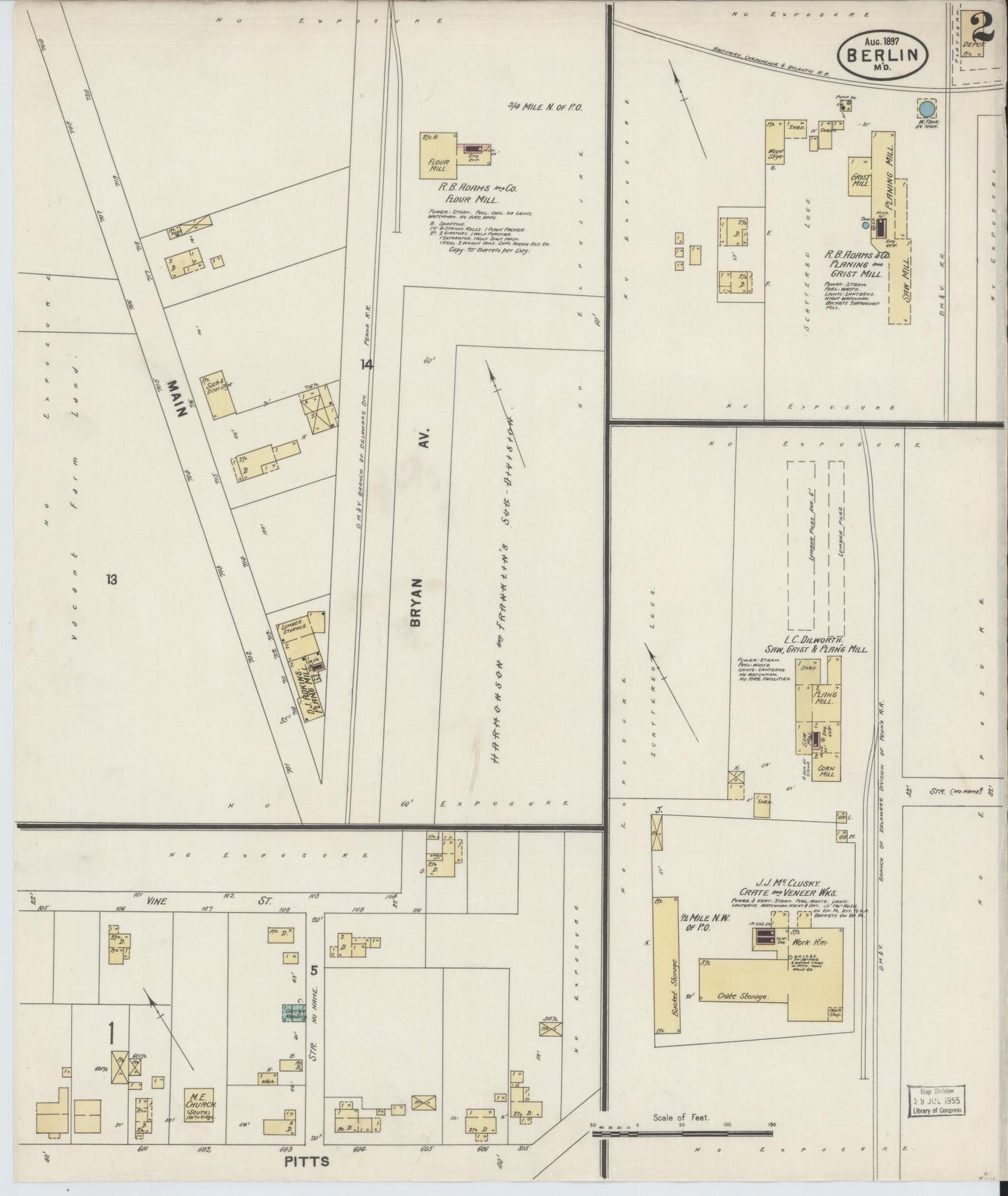 Worcester, Maryland - 1897 - Sanborn Fire Insurance Map, Sheet #0002 - Historic Sanborn Fire Insurance Map Print, Worcester Maryland 1897 0002 vintage old map wall art
