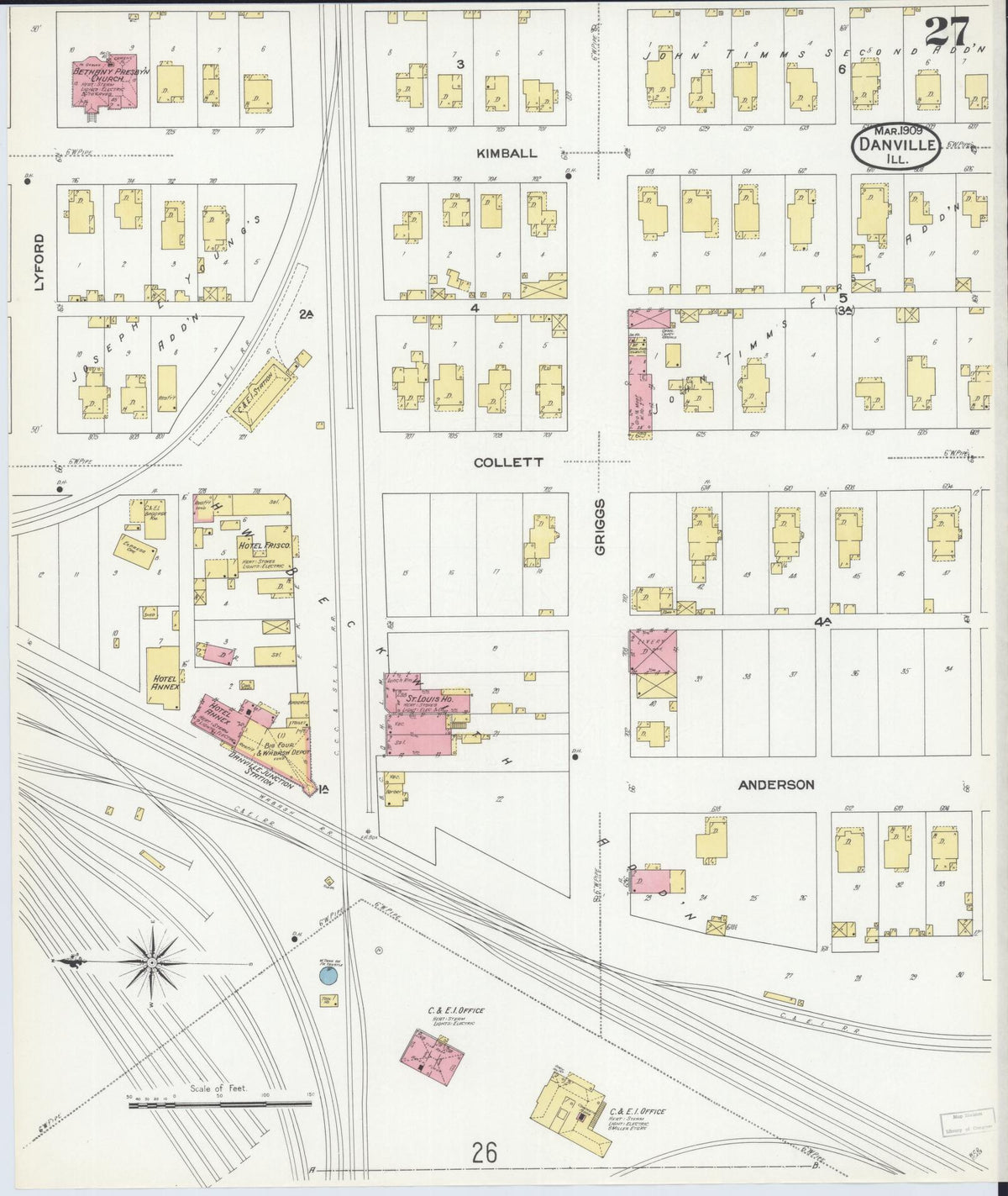 Sanborn Fire Insurance Map from Danville, Vermilion County, Illinois (1909), Sheet #0027 - Historic Sanborn Fire Insurance Map Print, vintage old map wall art, antique decor, genealogy gift, Illinois Illinois map