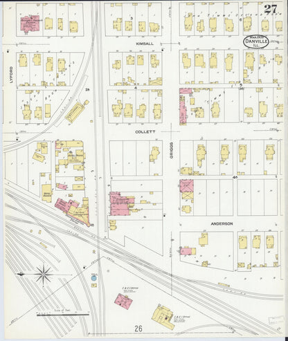 Sanborn Fire Insurance Map from Danville, Vermilion County, Illinois (1909), Sheet #0027 - Historic Sanborn Fire Insurance Map Print, vintage old map wall art, antique decor, genealogy gift, Illinois Illinois map
